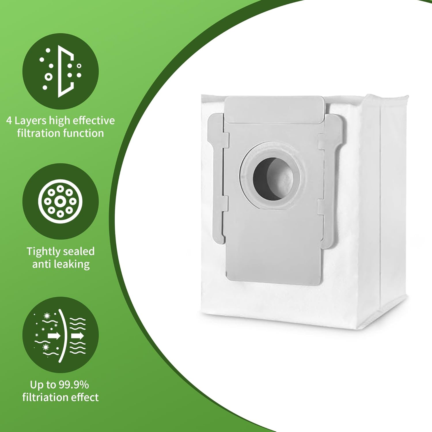 Biały worek do odkurzacza z szarą górą. Tekst opisuje funkcje filtracji i uszczelniania za pomocą ikon.