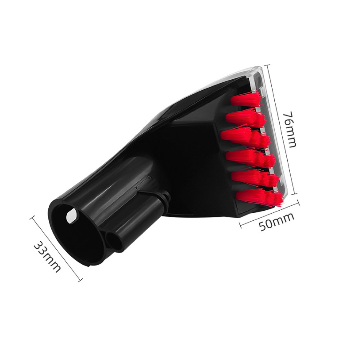 Czarny osprzęt do odkurzacza z czerwonym włosiem. Wymiary: 76 mm x 50 mm x 33 mm.