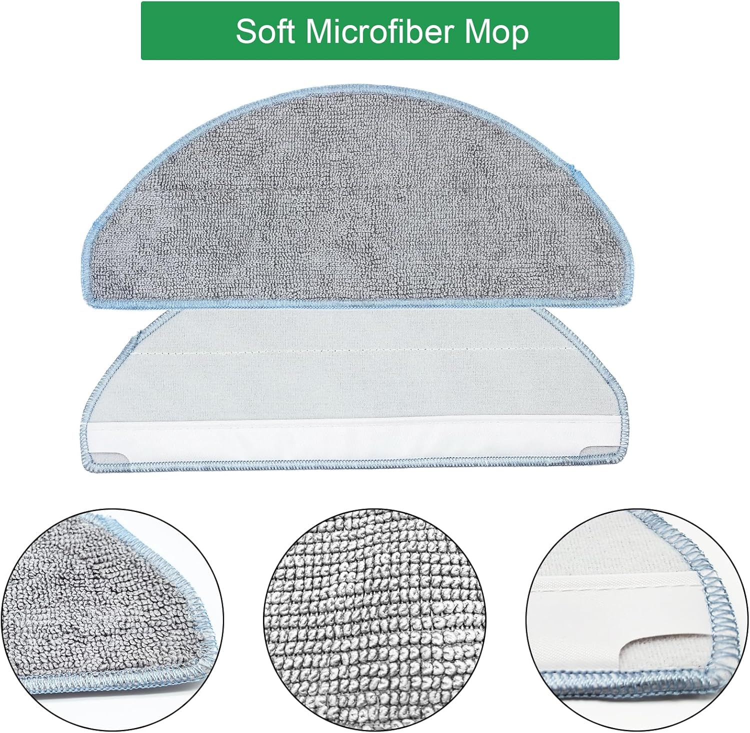 Dwie szare nakładki do mopa z mikrofibry. Dolne nakładki mają biały pasek. Zbliżenia pokazują tkaninę i szwy.