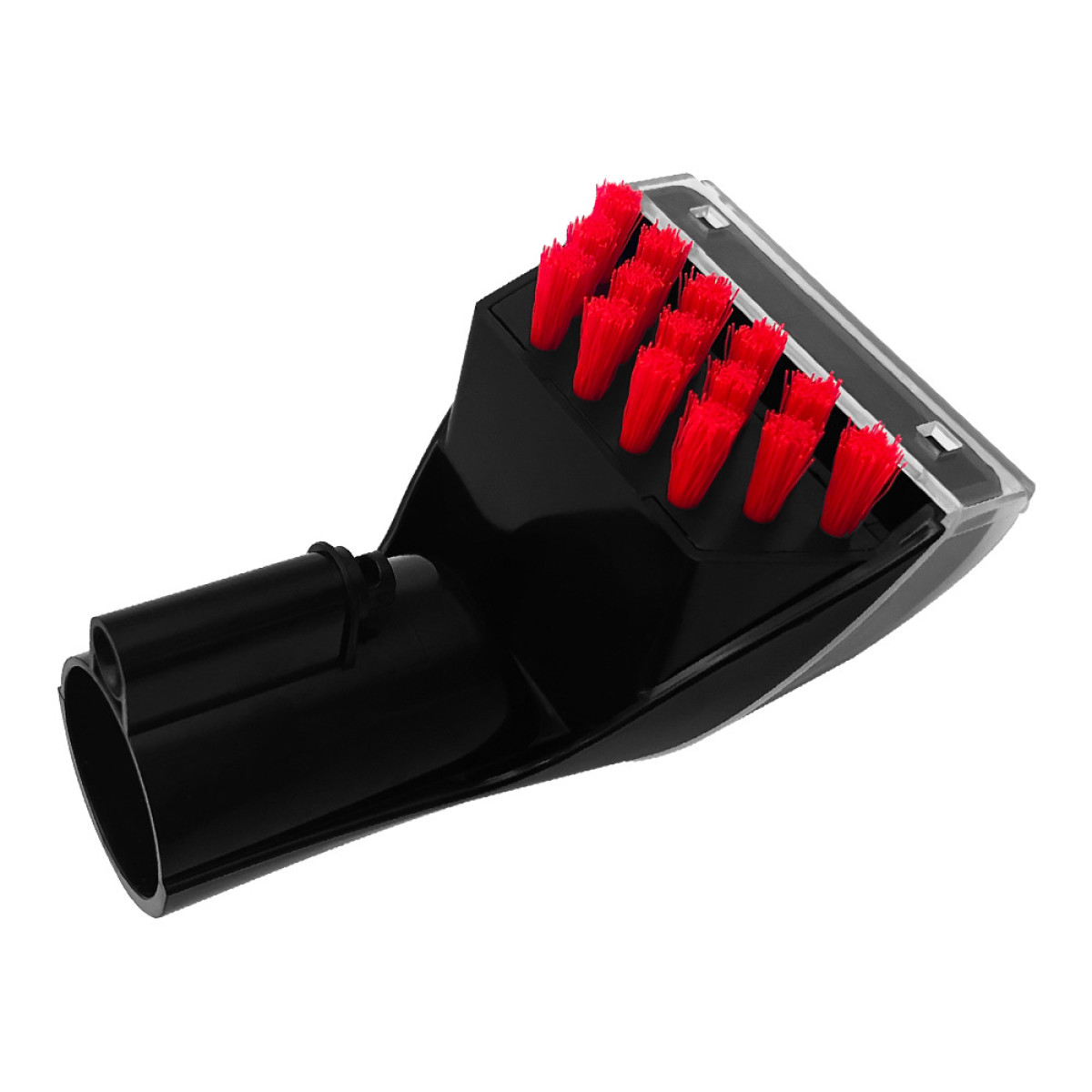 Czarna głowica odkurzacza z czerwonym włosiem. Ma długą dyszę z przezroczystą plastikową krawędzią.