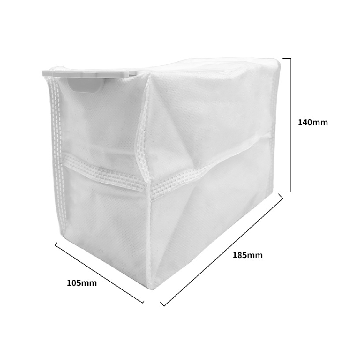 Biały worek do odkurzacza z wymiarami. Worek jest prostokątny, wymiary podane w milimetrach.