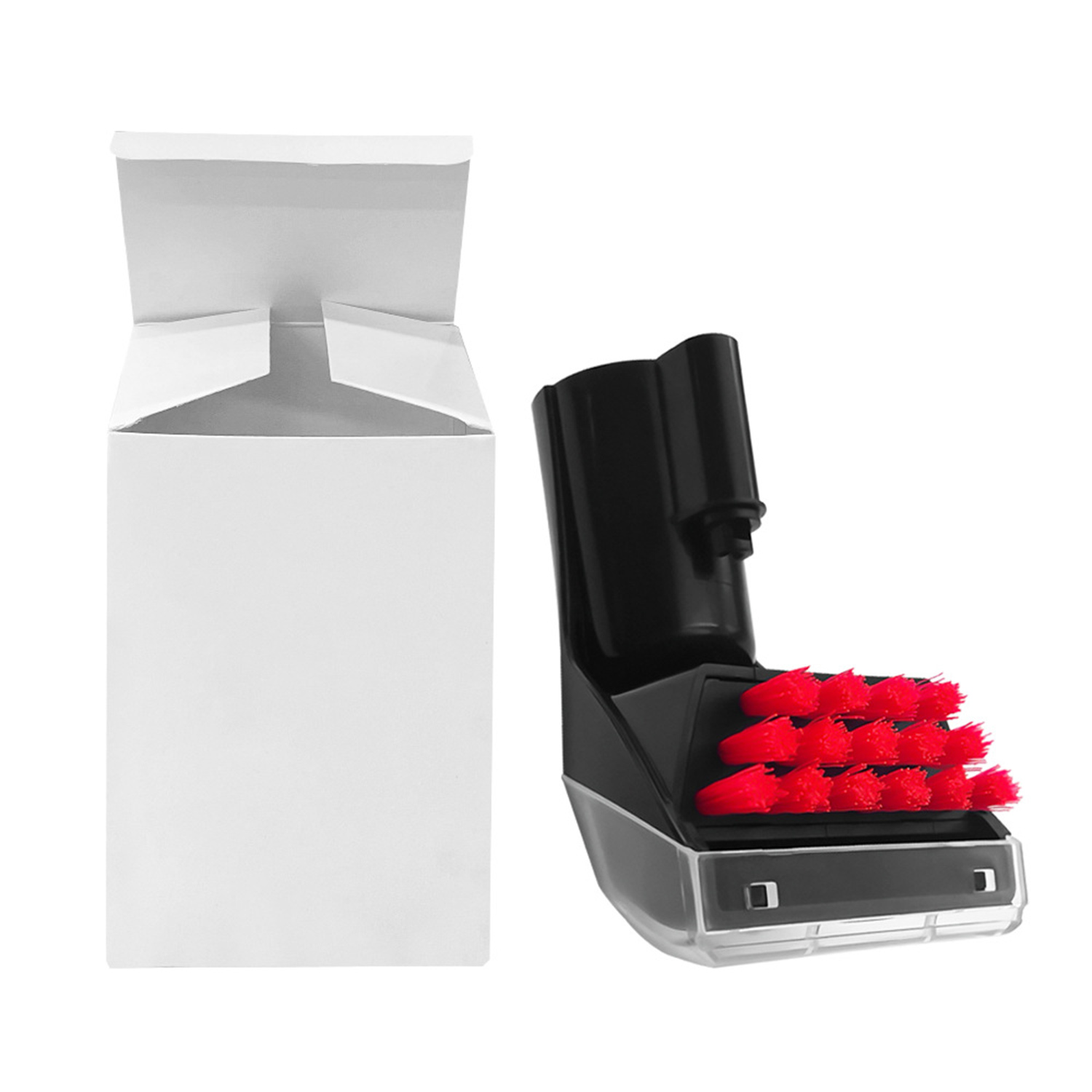 Głowica szczotki do odkurzacza z czerwonym włosiem. Pudełko obok. Białe tło.