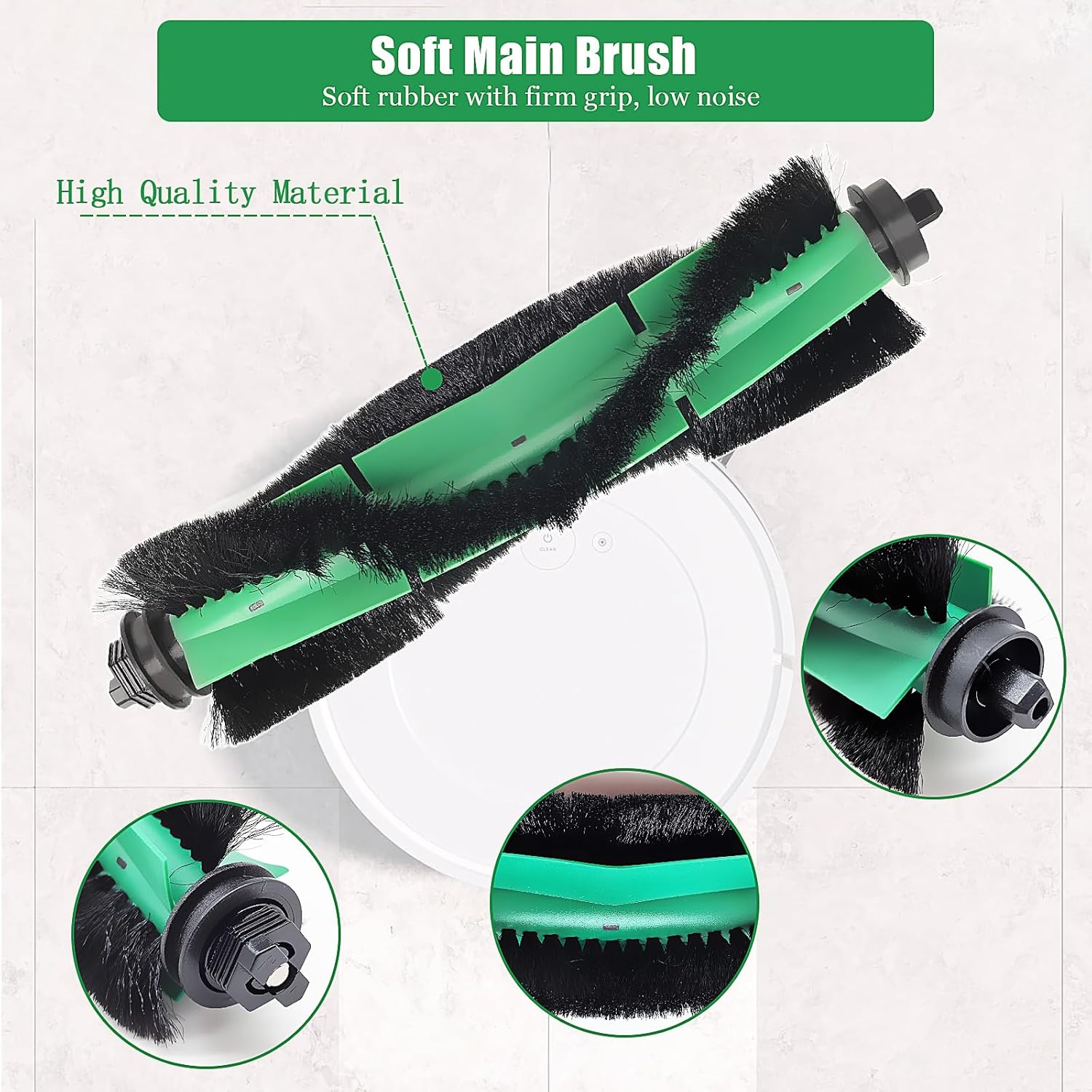 Zielona szczotka do odkurzacza z czarnym włosiem. To zbliżenie. Tło jest białe.