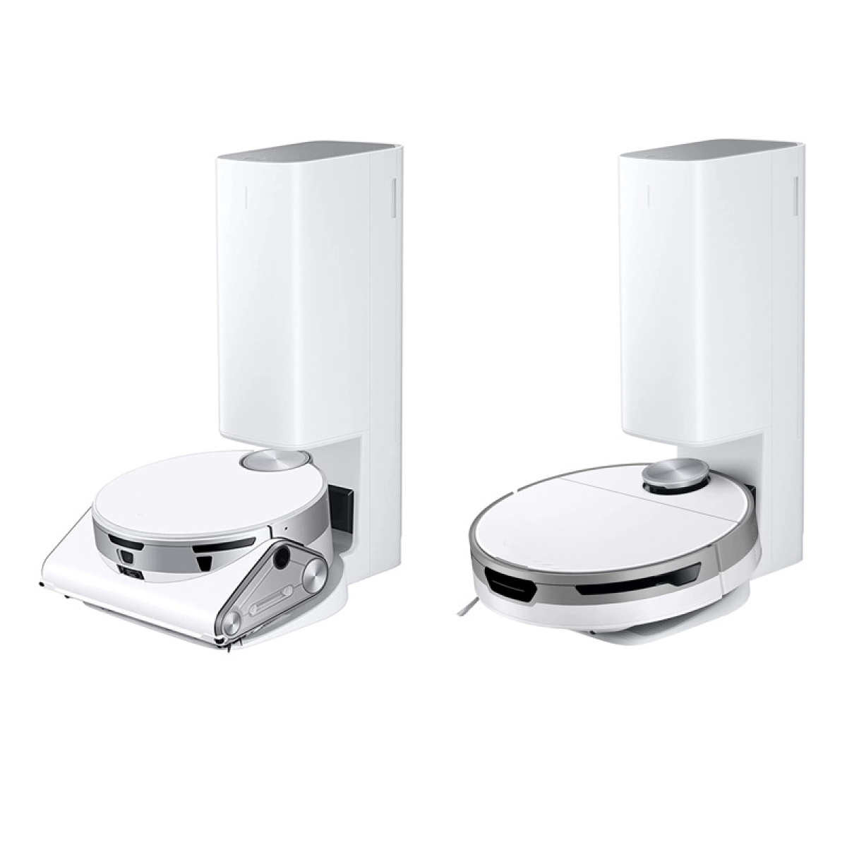 Dwa białe odkurzacze roboty ze stacjami ładującymi. Jeden jest w stacji, drugi obok.
