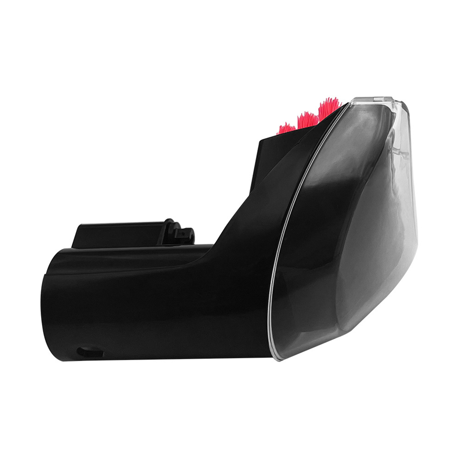 Czarny dodatek do odkurzacza z czerwonymi szczotkami, widok z boku.