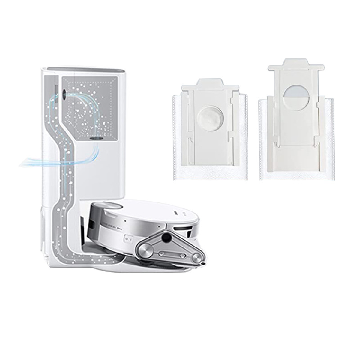 Biały odkurzacz automatyczny ze stacją ładującą i workami filtracyjnymi.