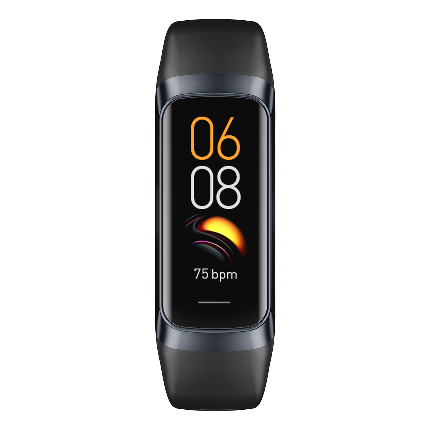 Schwarze Fitness-Tracker-Uhr mit digitaler Anzeige von Zeit und Herzfrequenz.