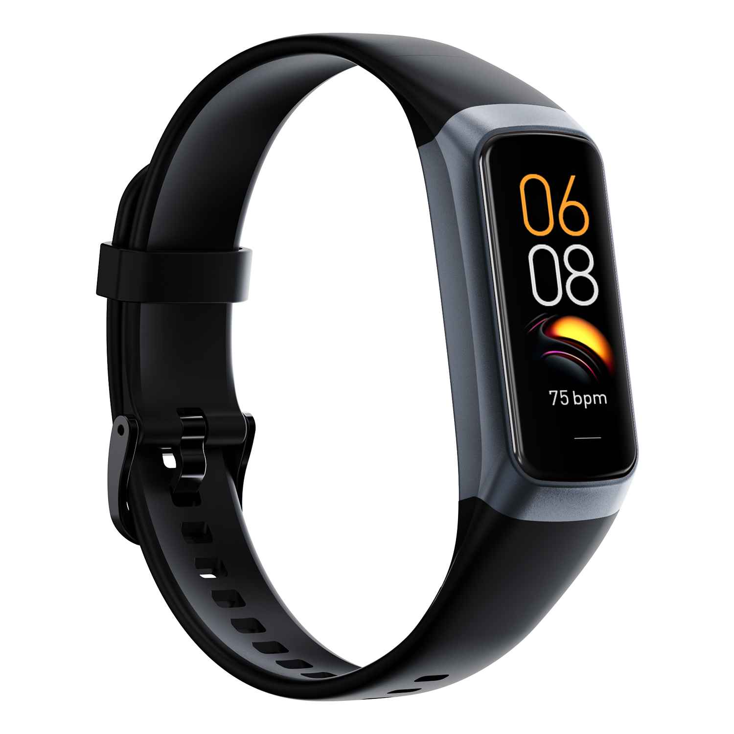 Schwarze Smartwatch mit schwarzem Armband. Der Bildschirm zeigt Zeit und Herzfrequenz auf weißem Hintergrund.