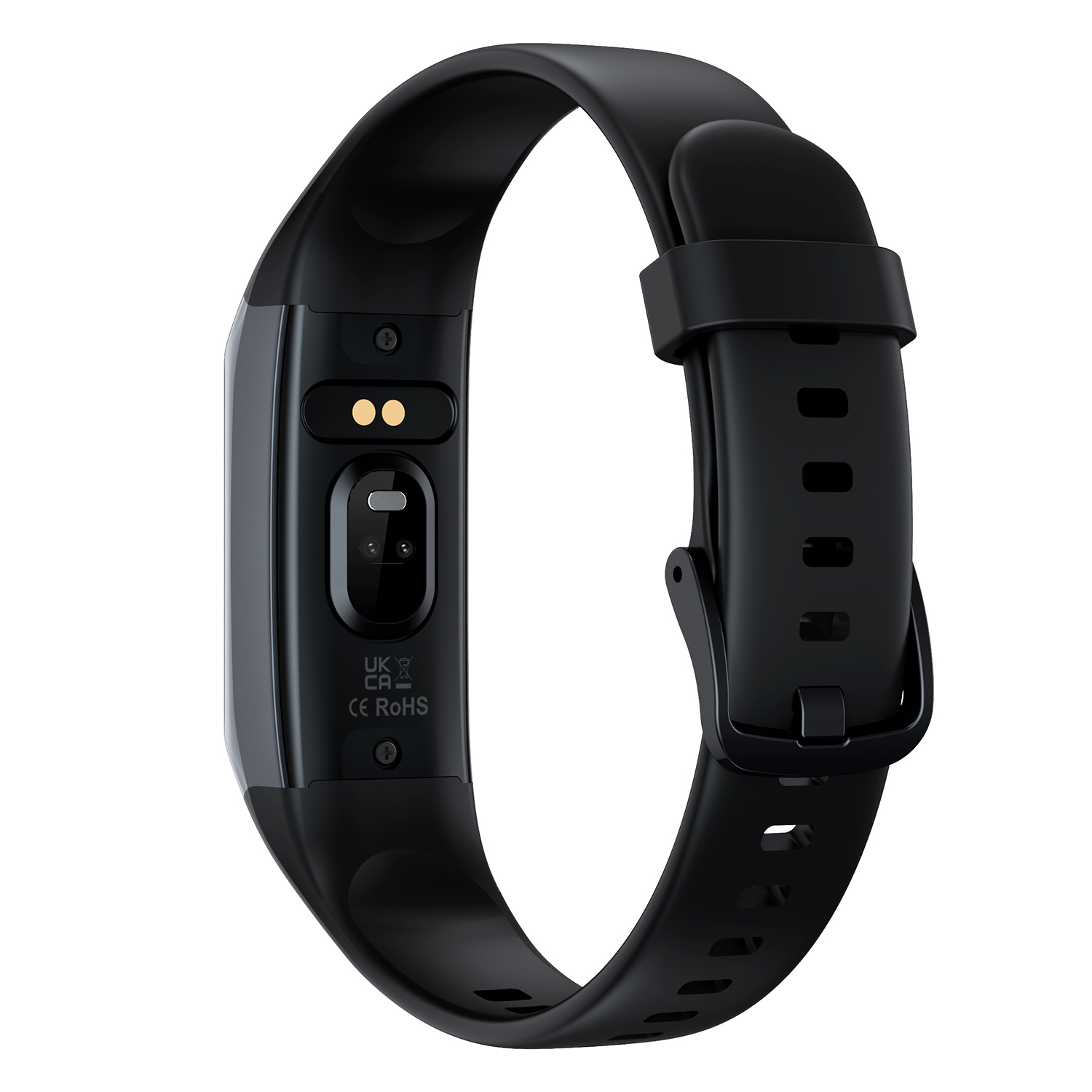 Schwarze Smartwatch mit schwarzem Armband. Die Rückseite der Uhr zeigt Sensoren und Text.