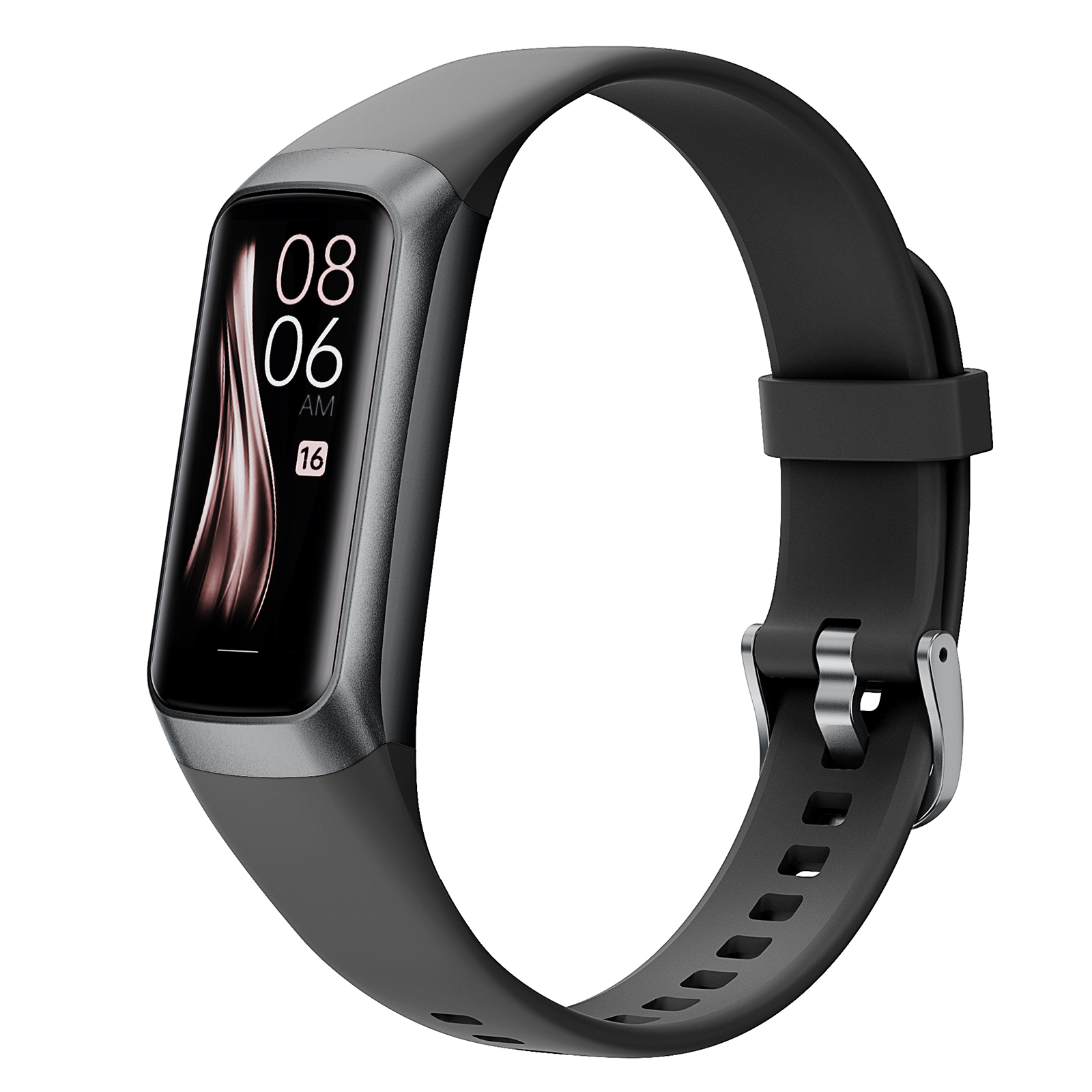 Schwarze Fitness-Tracker-Uhr mit digitaler Anzeige von Zeit und einem schwarzen Armband.