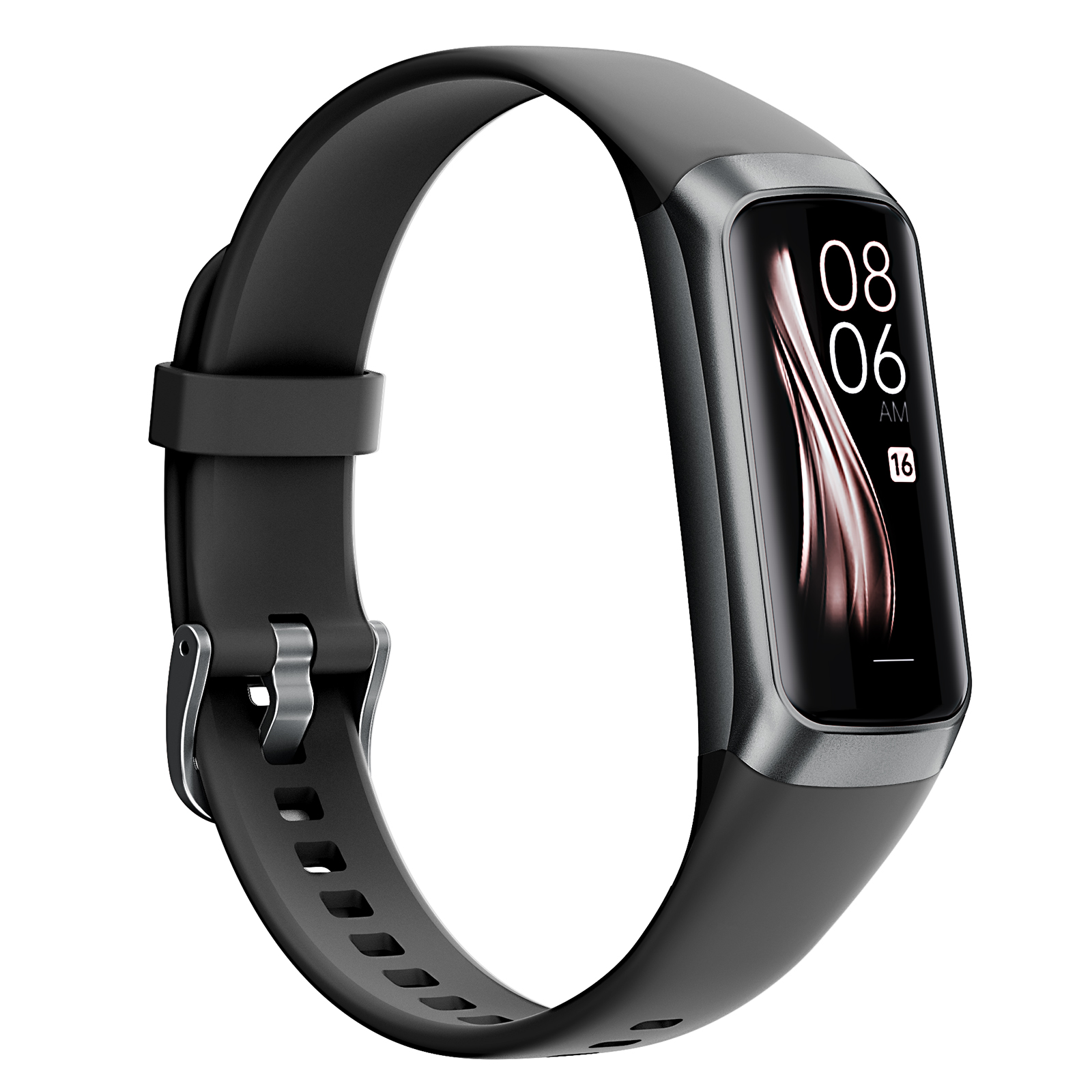 Schwarze Smartwatch mit schwarzem Armband. Der Bildschirm zeigt Zeit, Datum auf dunklem Hintergrund.