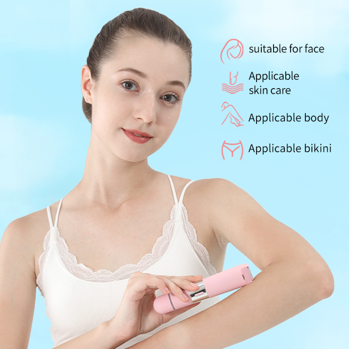Kobieta z różową golarką, trzymająca ją blisko ramienia. Tekst wskazuje zastosowania: twarz, skóra, ciało, bikini.