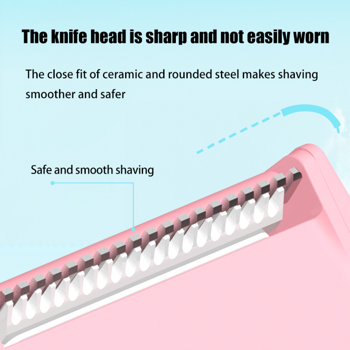 Zbliżenie różowej golarki elektrycznej z metalowymi ostrzami i niebieską grafiką.