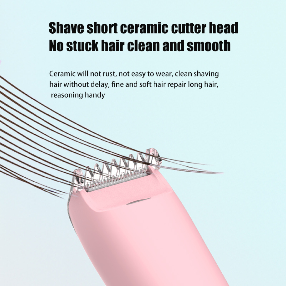 Zbliżenie głowicy różowej golarki elektrycznej z tekstem o ceramicznym nożu i gładkim goleniu.