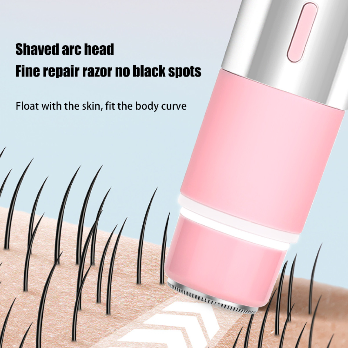 Różowa golarka elektryczna goli włosy ze skóry z czarnymi włosami.