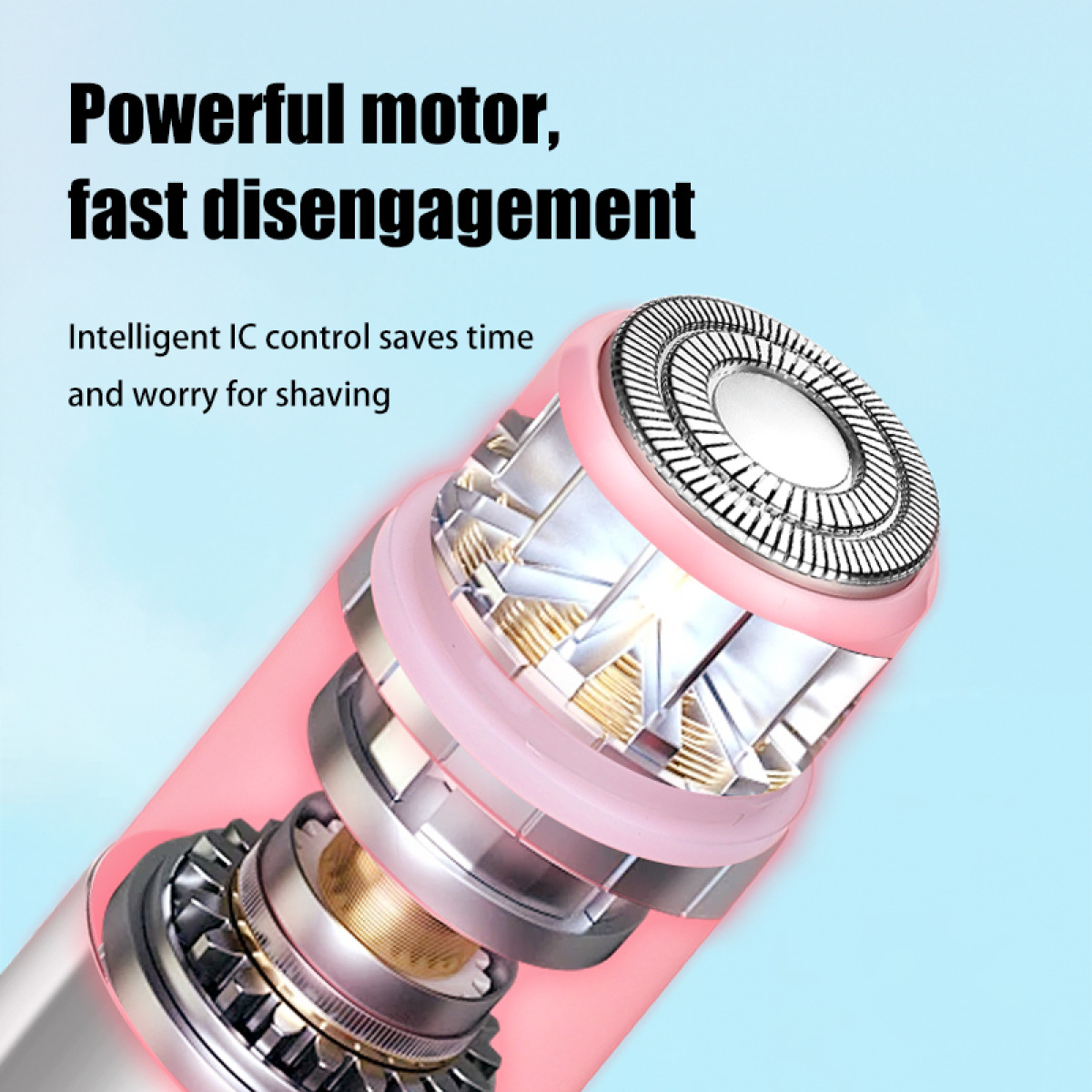 Zbliżenie różowej golarki elektrycznej pokazujące mechanizm wewnętrzny i tekst o mocnym silniku.