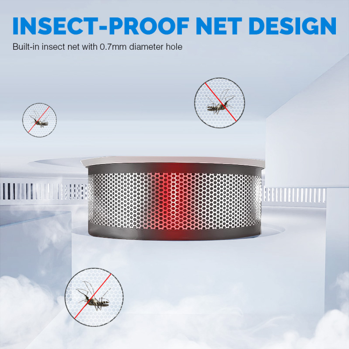 Zbliżenie czujki dymu z konstrukcją siatki odpornej na owady i komarami.