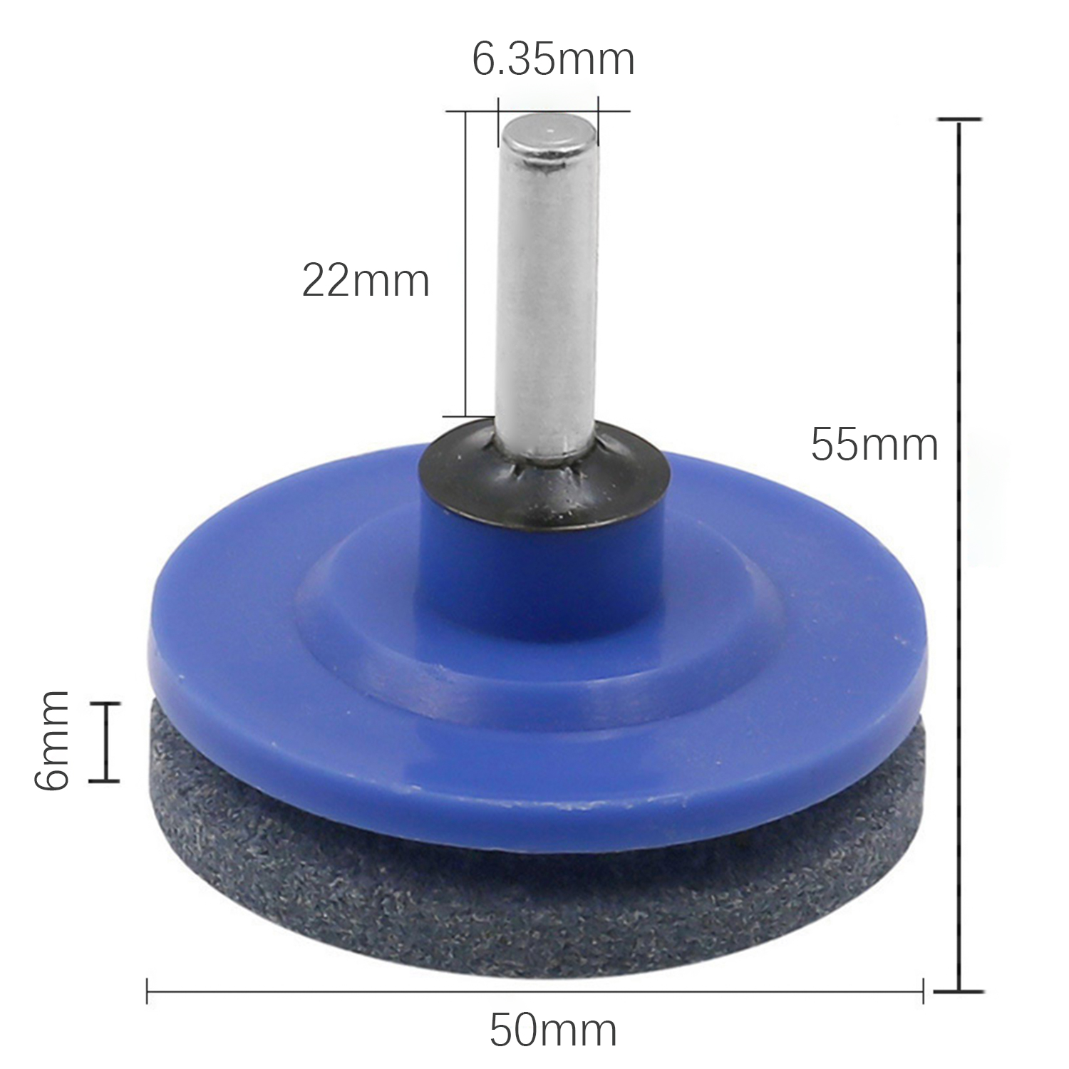 Nahaufnahme des Schleifwerkzeugs mit Abmessungen: 50 mm, 55 mm, 6 mm und 22 mm.