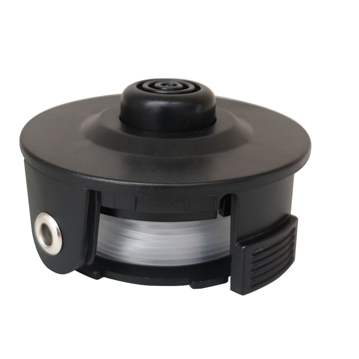 Czarna głowica trymera z widocznym białym sznurkiem. Czarny wierzch z centralnym pokrętłem.