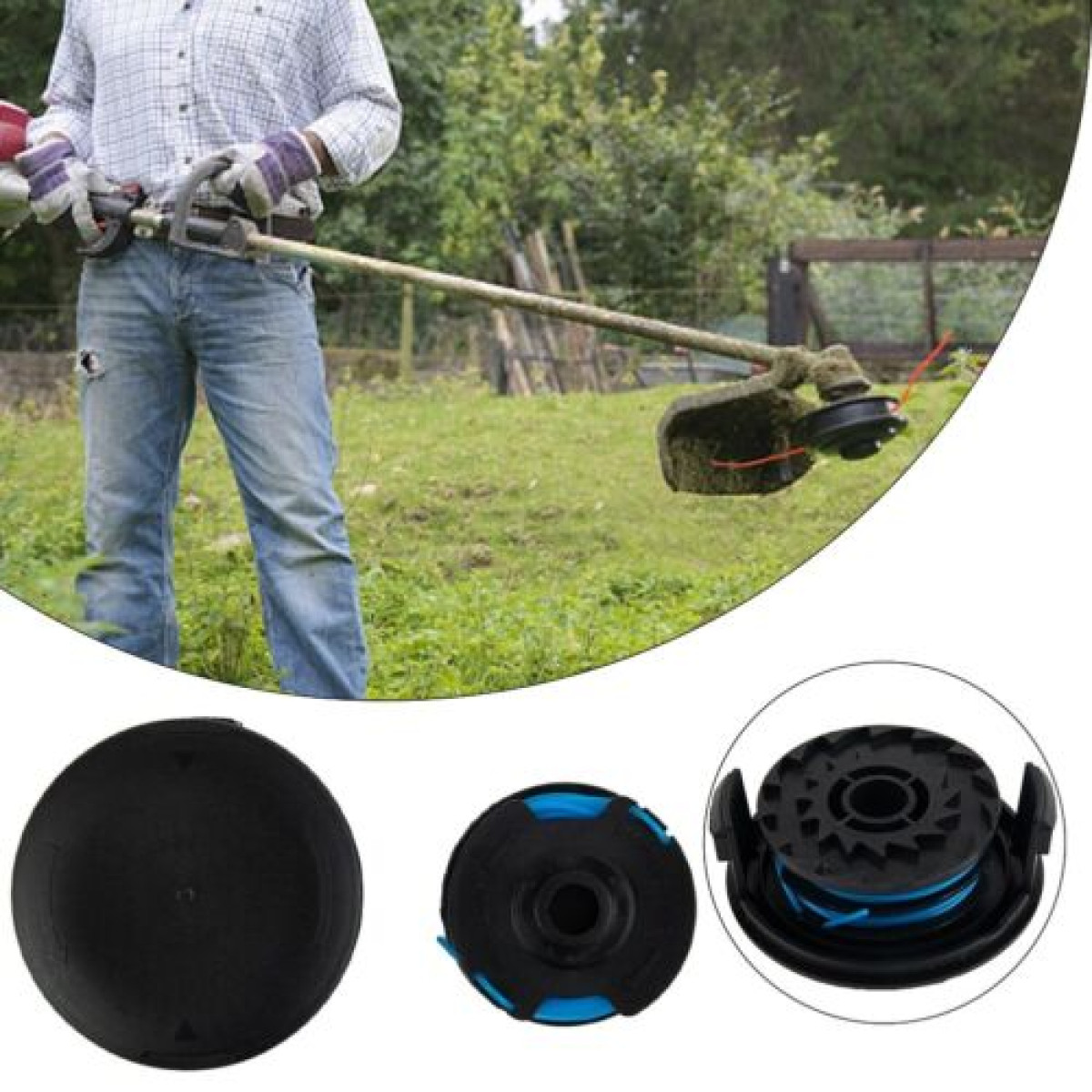 Mężczyzna używający trymera, z bliskimi ujęciami elementów głowicy trymera, w tym czarnych i niebieskich.