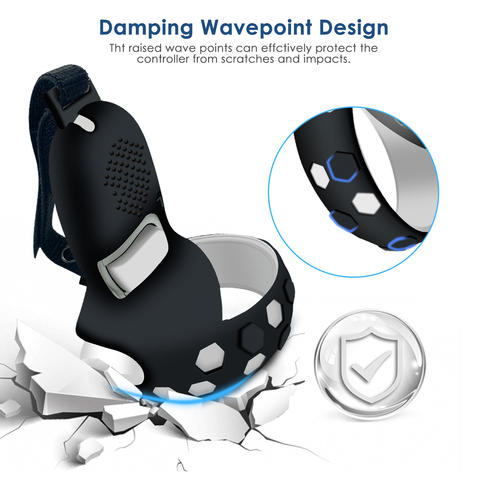 Uchwyty kontrolera VR. Czarne, z białymi akcentami i diagramem ochrony przed uderzeniami.