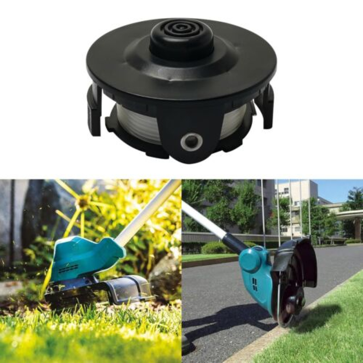 Głowica trymera z wyraźną linią i dwa widoki trymera w użyciu, pokazujące zieloną trawę.