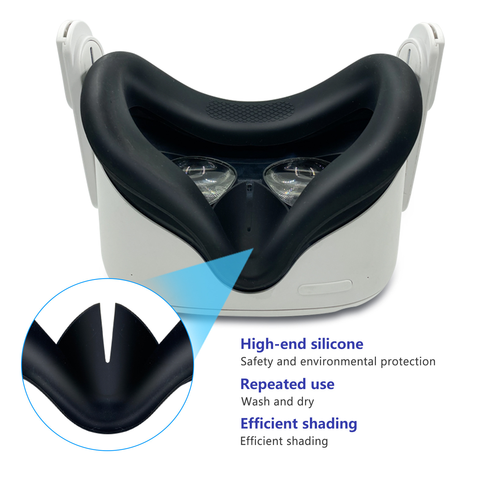 Zestaw VR z czarną osłoną twarzy. Obraz zawiera tekst o silikonie i cieniowaniu.