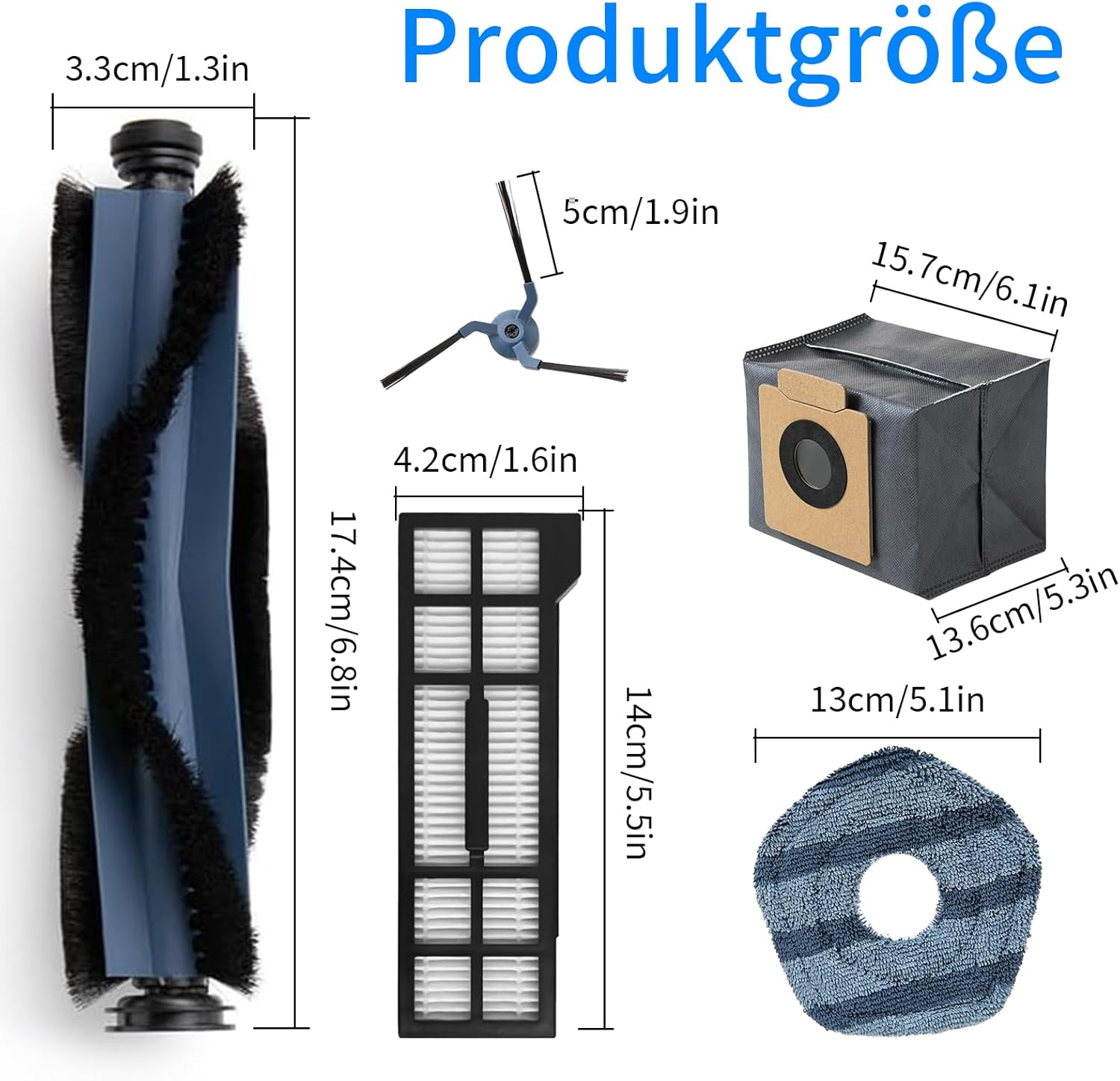 Różne części odkurzacza, w tym wałek szczotkowy, filtr i worek na kurz.