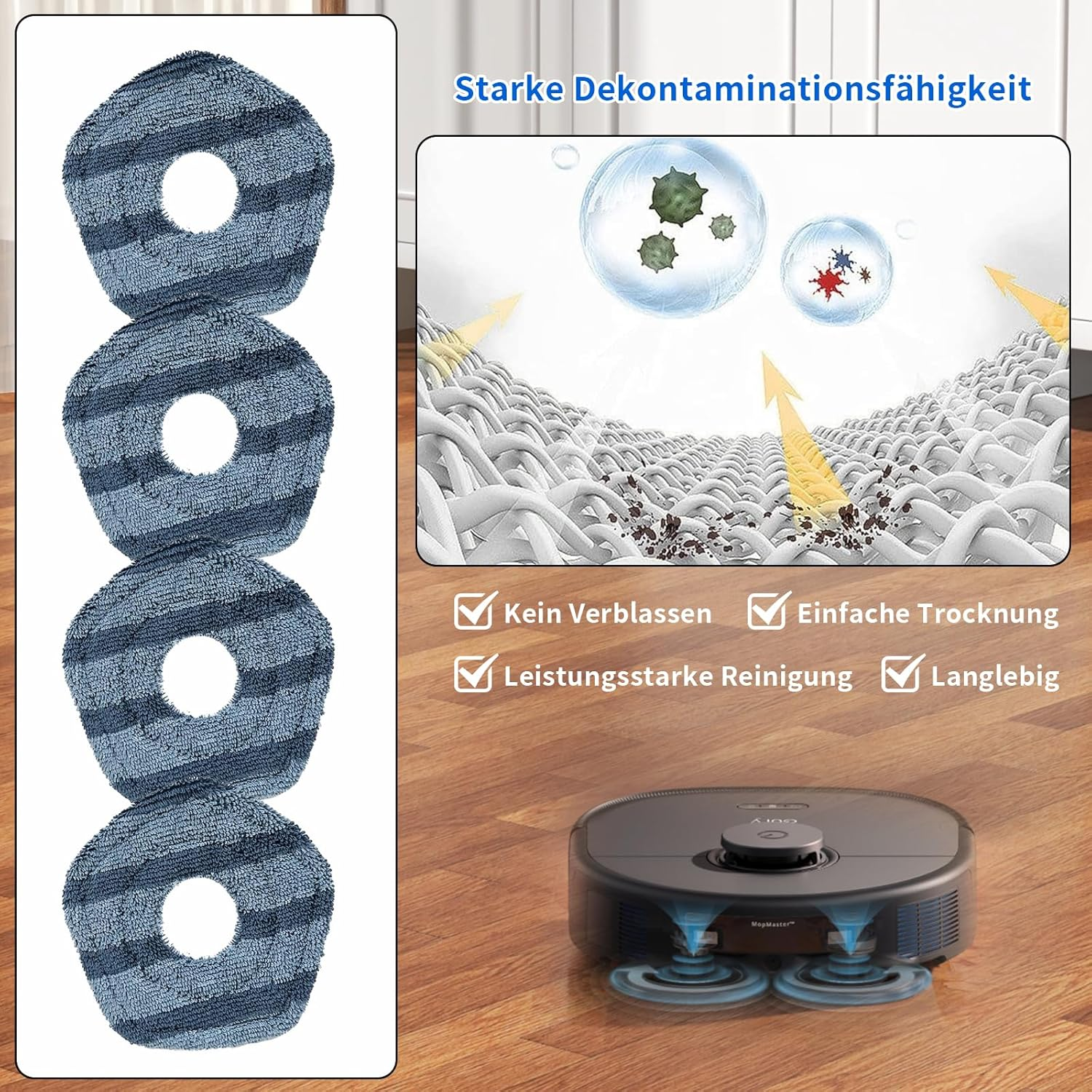 Podstawa odkurzacza z nakładkami czyszczącymi i odkurzaczem robotem, z tekstem o wydajności czyszczenia.