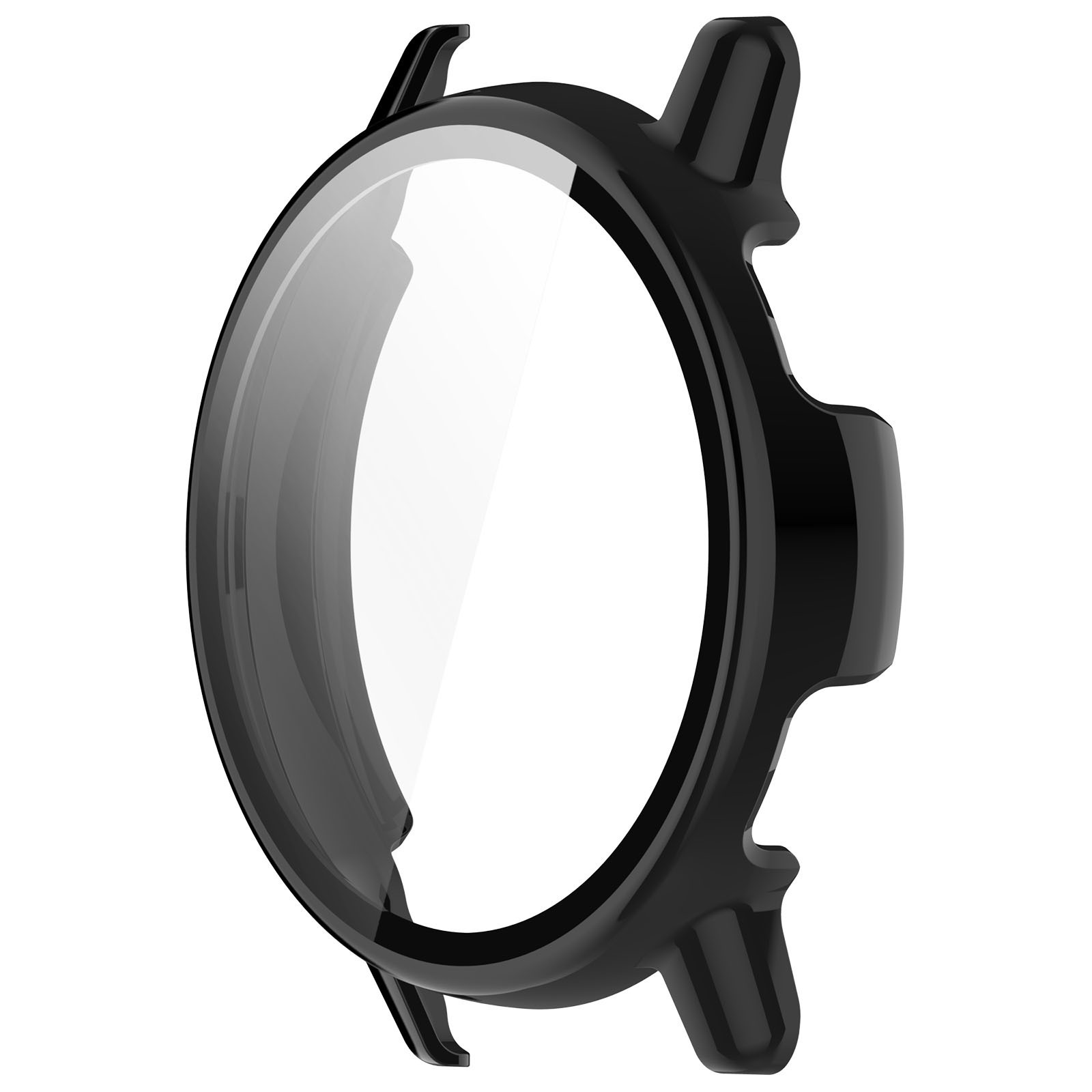 Schwarzes Uhrengehäuse, das den Bildschirm einer Smartwatch schützt.