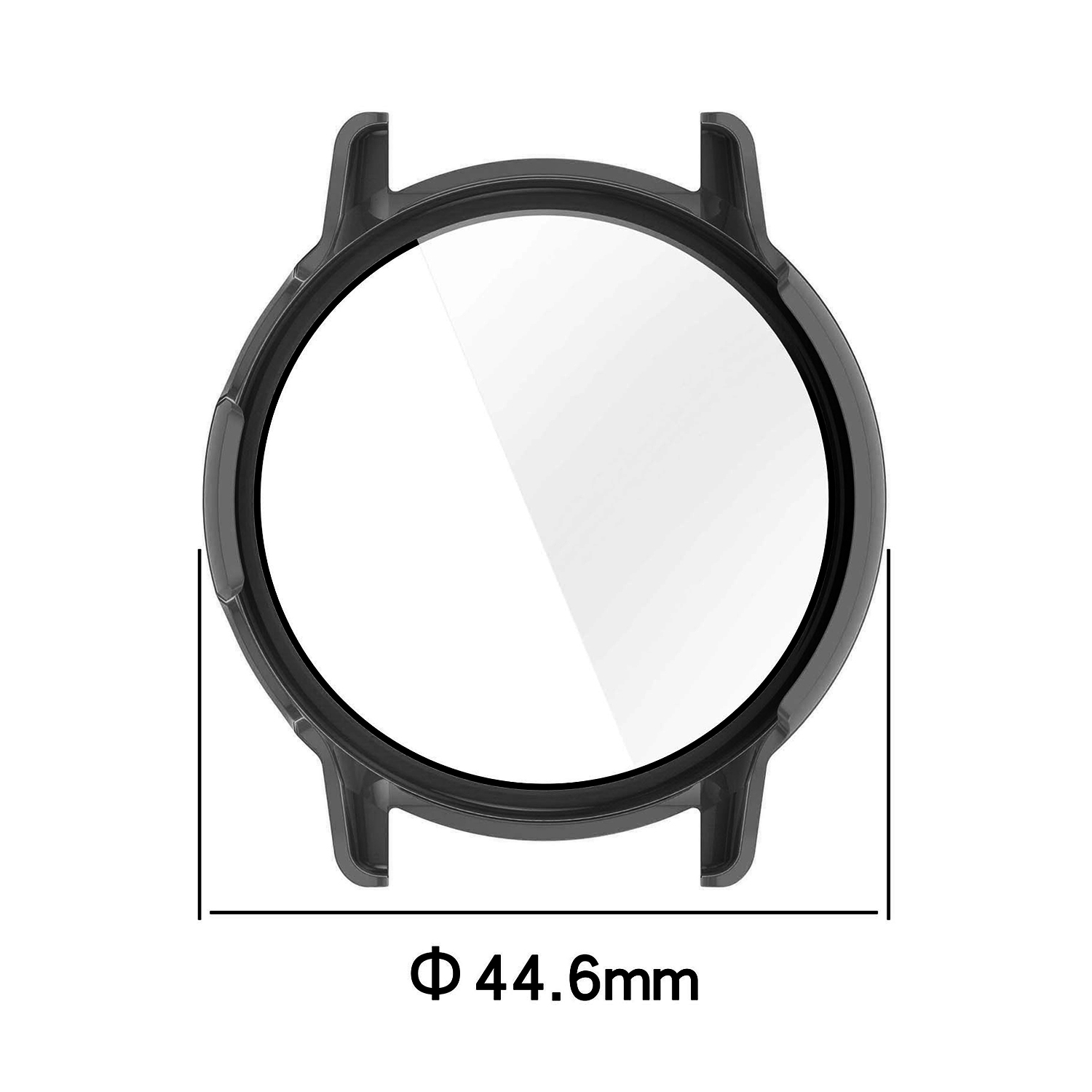 Draufsicht auf ein Uhrengehäuse, das sein Design und die Abmessungen von 44,6 mm zeigt.