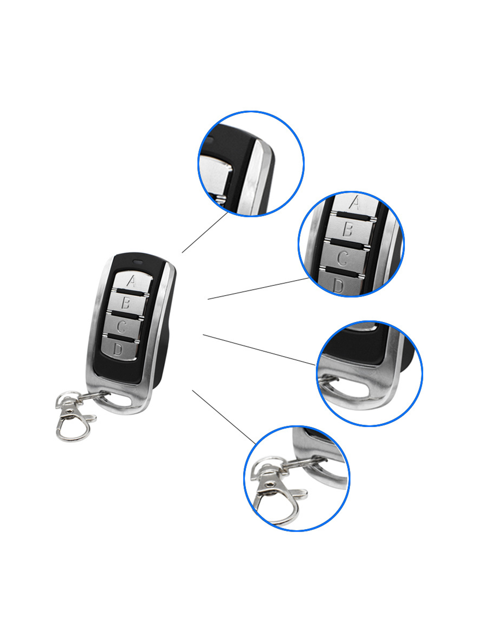 Brelok do pilota z czterema przyciskami, szczegółowe zbliżenia.