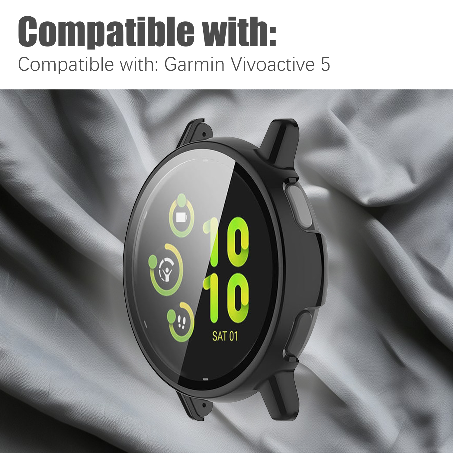 Schwarzes Uhrengehäuse, kompatibel mit Garmin Vivoactive 5, zeigt das Zifferblatt.