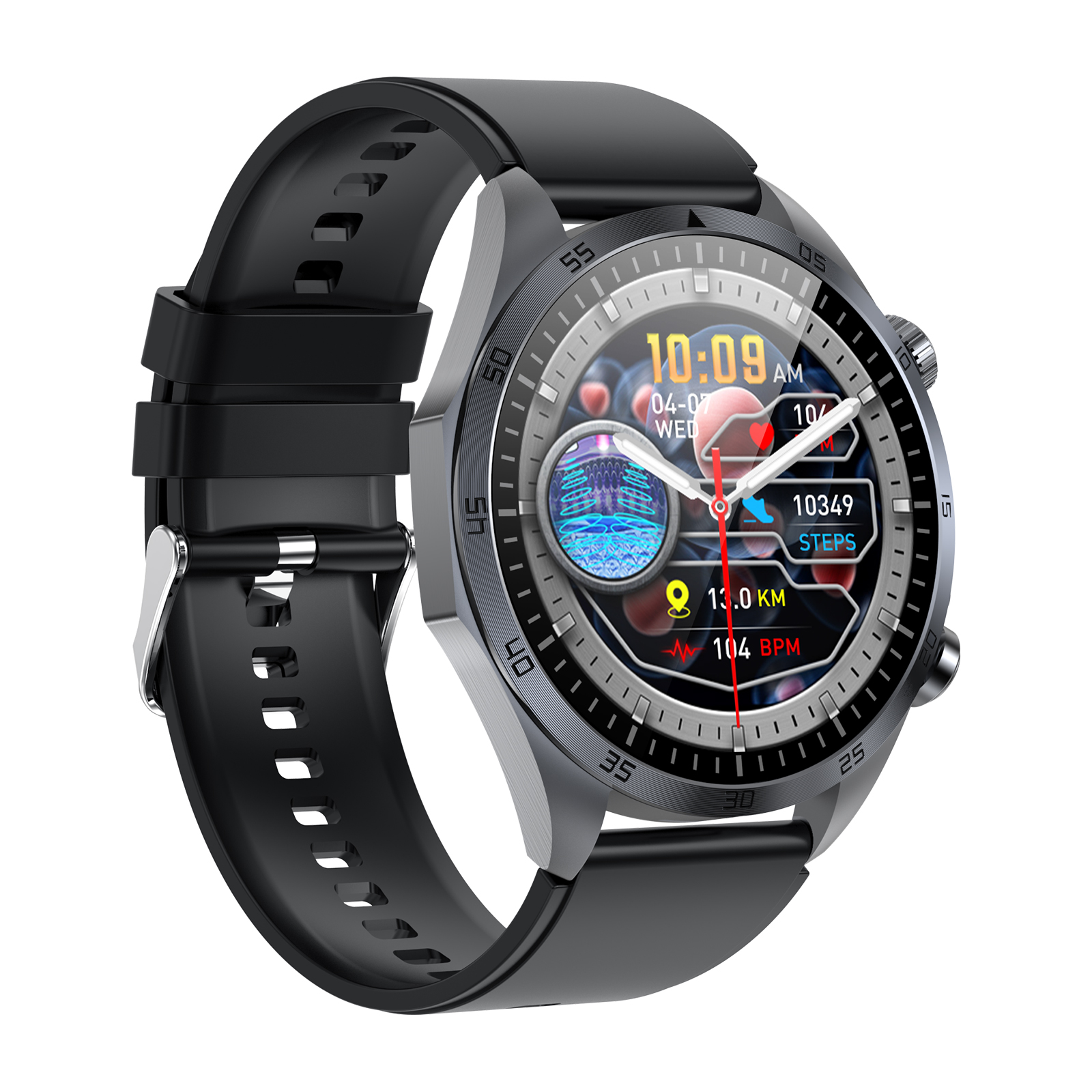 Czarny smartwatch z cyfrowym wyświetlaczem pokazującym czas, kroki i inne wskaźniki.