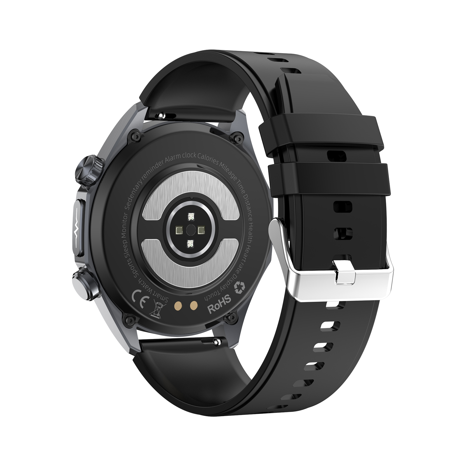 Widok z tyłu czarnego smartwatcha z czarnym paskiem, srebrną klamrą na białym tle.