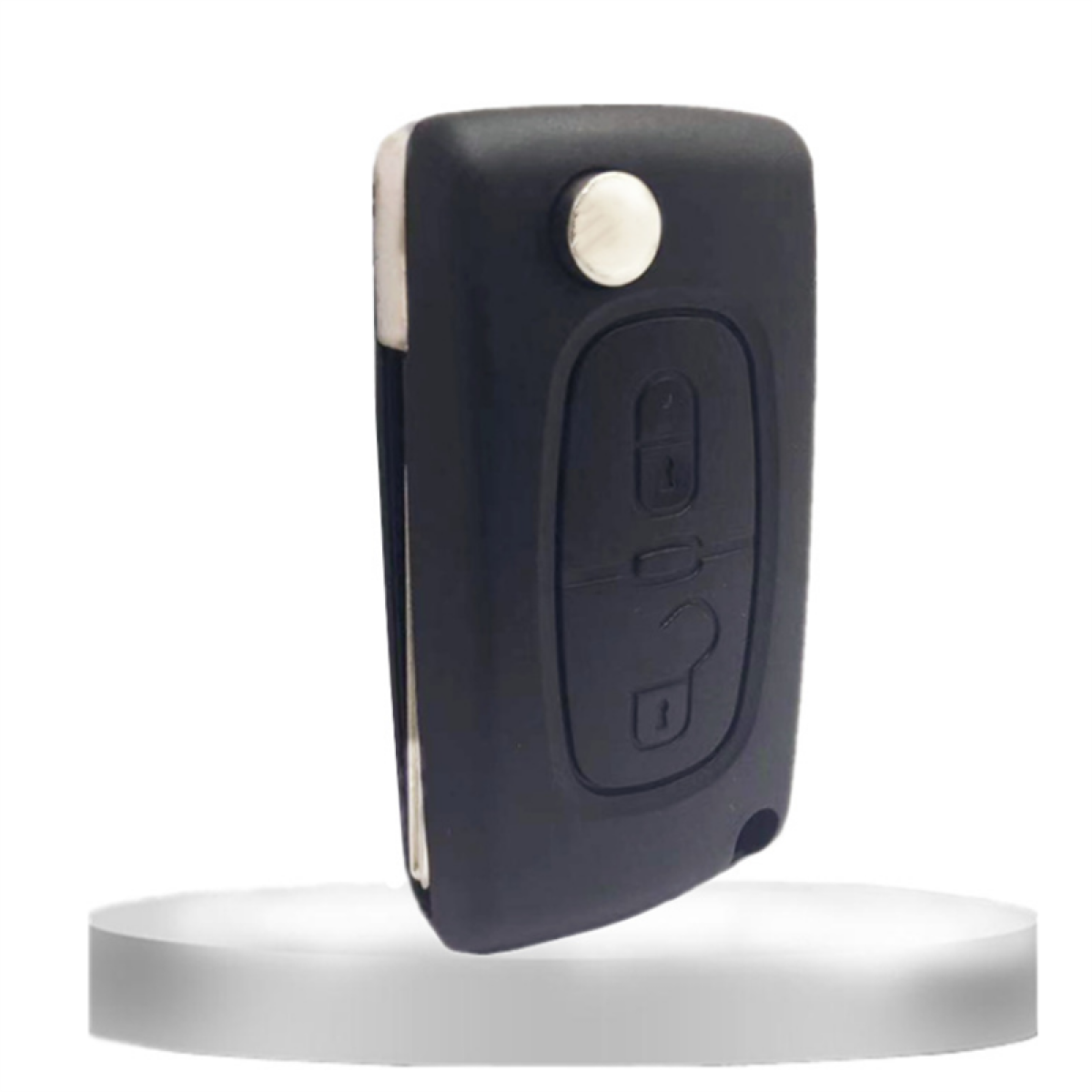 Czarny brelok do kluczy samochodowych z dwoma przyciskami i srebrnym metalowym akcentem na białym tle.