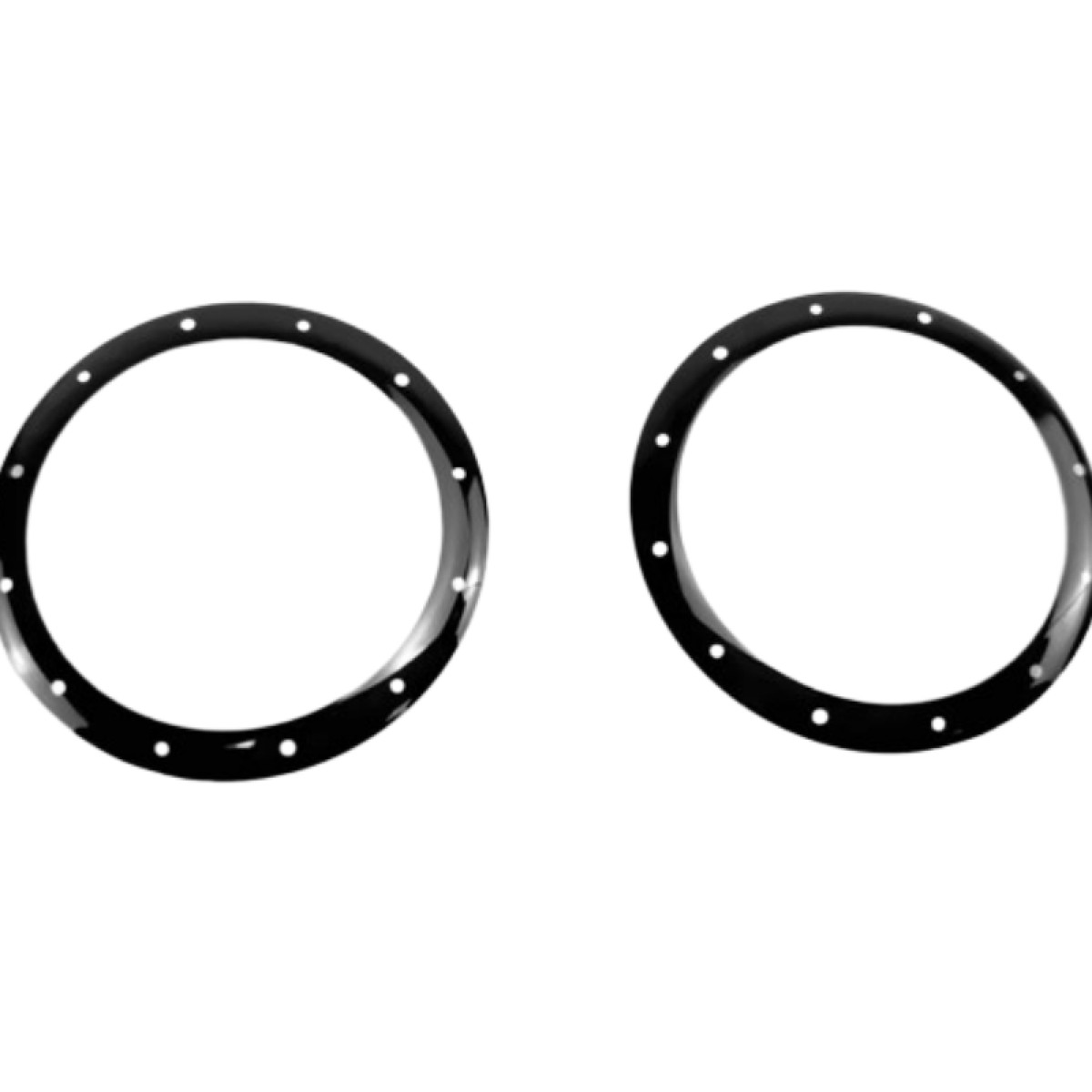 Zwei schwarze, glänzende kreisförmige Ringe mit kleinen weißen Punkten am Innenrand.