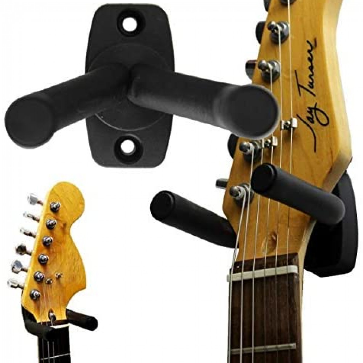 Un support mural pour guitare installé avec une guitare. Le support est noir et maintient la guitare.