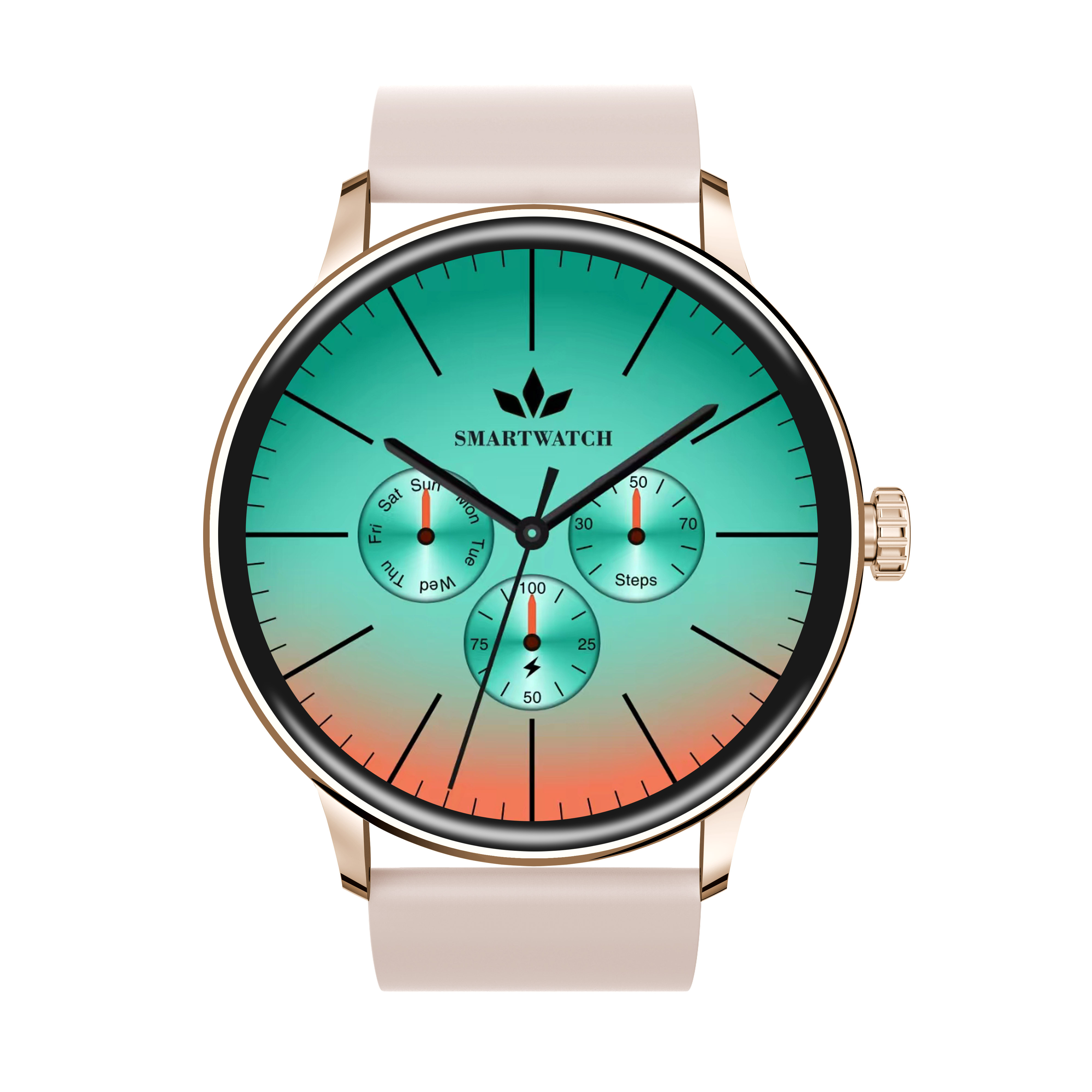 Złoty i kremowy smartwatch z turkusowym i pomarańczowym wyświetlaczem pokazującym kroki i czas.