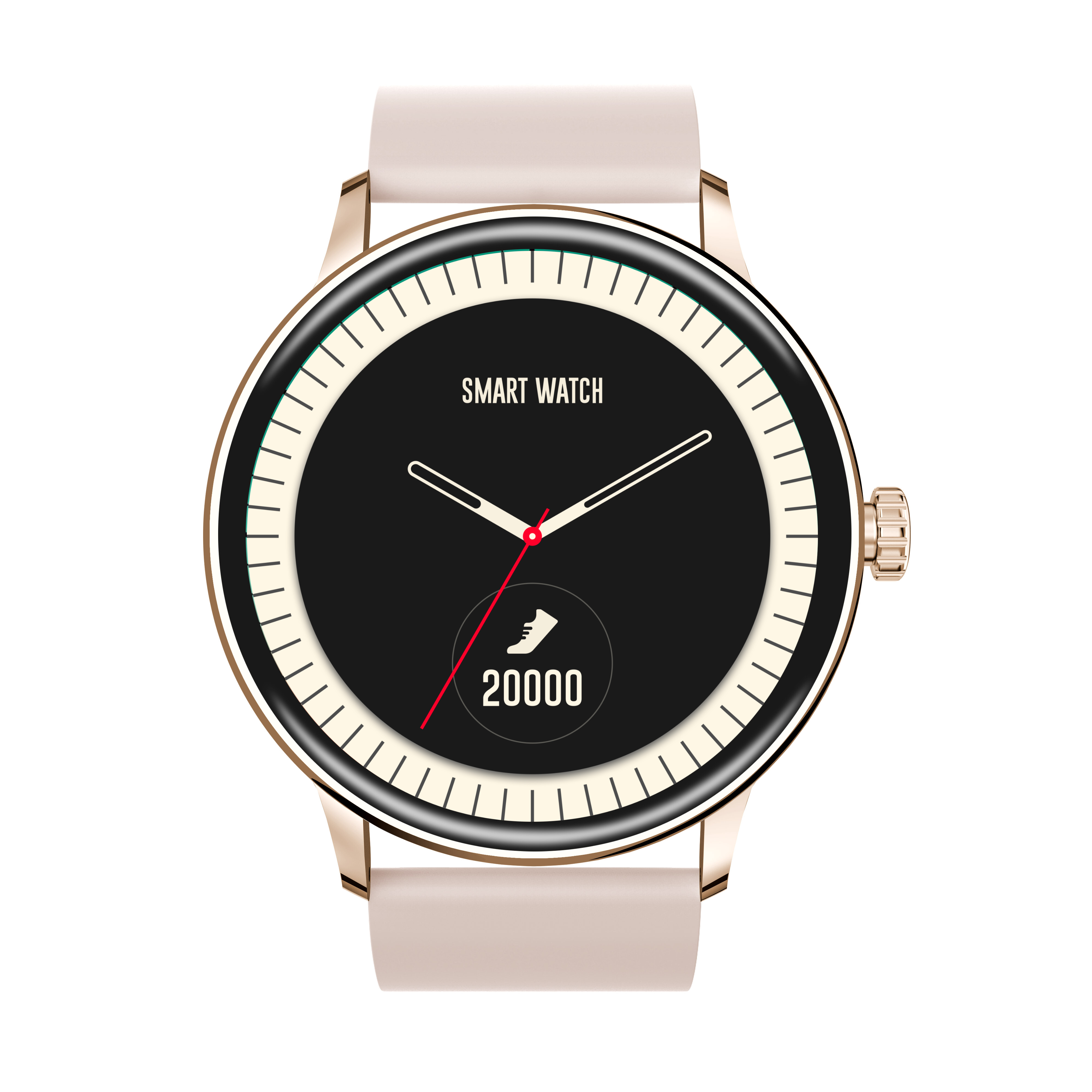 Złoty smartwatch z różowym paskiem i czarną tarczą pokazującą godzinę i kroki.