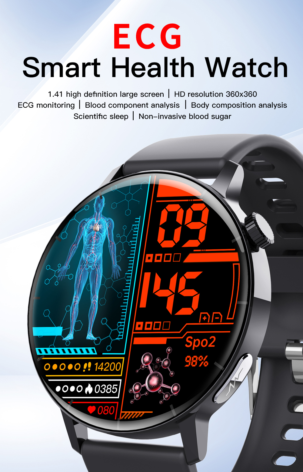 Smartwatch mit EKG, Daten auf schwarzem Armband. Zeigt Zeit, Herzfrequenz und SpO2 an.