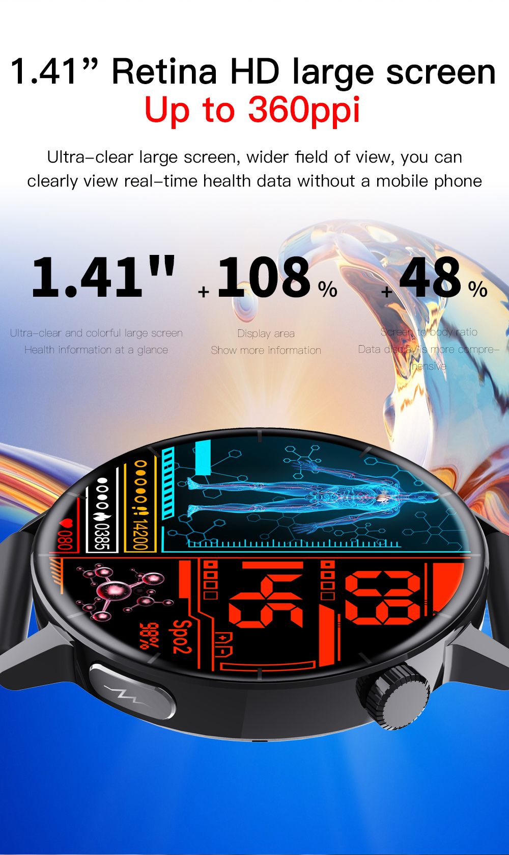 Eine schwarze Smartwatch mit großem Bildschirm, die Gesundheitsinformationen und ein blaues Zifferblatt anzeigt.