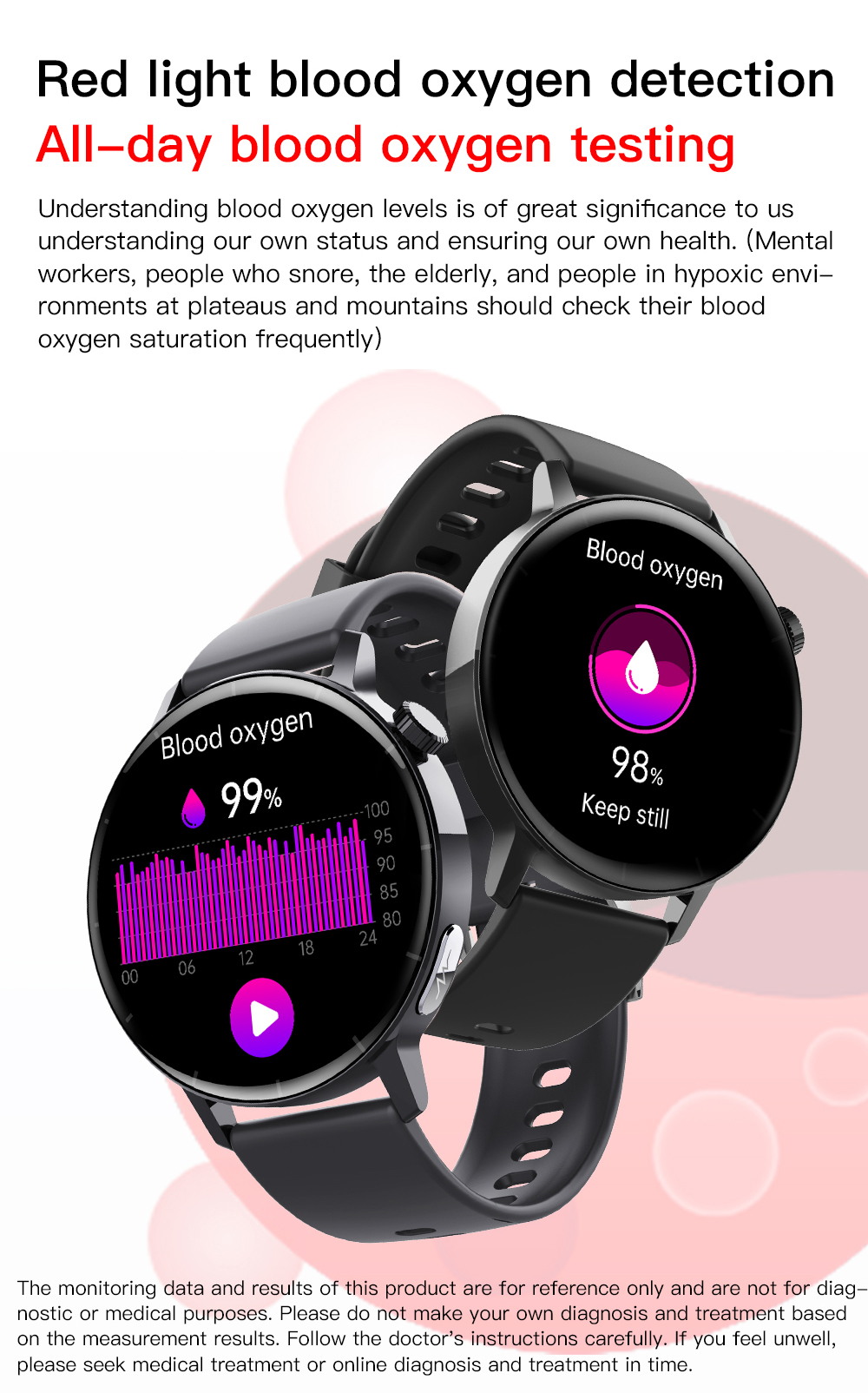 Drei Smartwatches zeigen den Blutsauerstoffgehalt an, eine bei 99% und zwei bei 98%.
