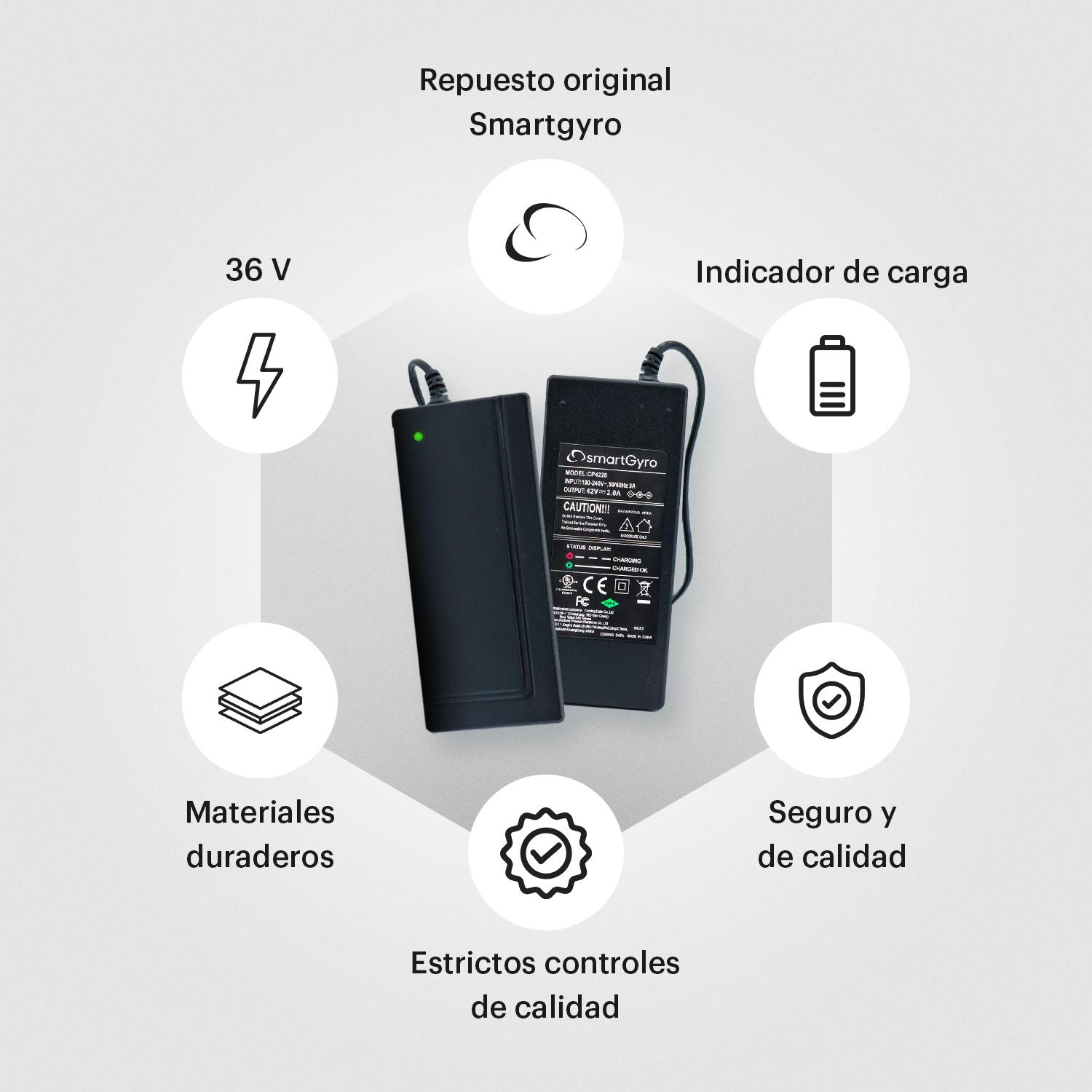 Diagrama de un cargador negro y sus características, incluyendo materiales duraderos y garantía de calidad.