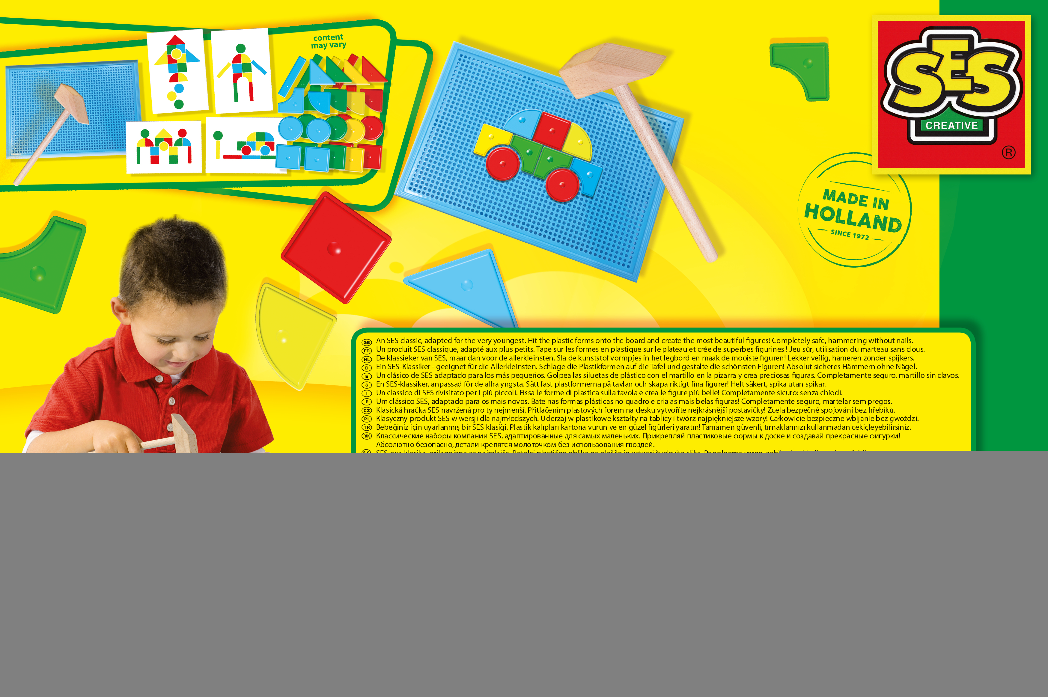 Ein Spielzeug-Set mit einem Jungen, der mit Plastikformen spielt. Das Set befindet sich in einer Box mit Anweisungen.