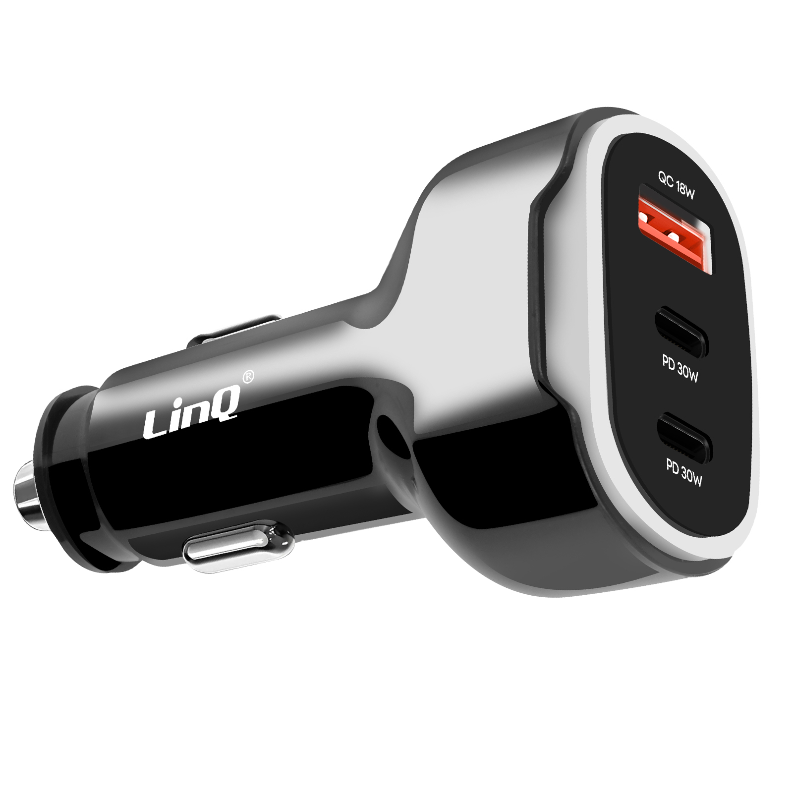 Schwarzes und silbernes Autoladegerät mit mehreren USB-Anschlüssen und QC 18W und PD 30W.