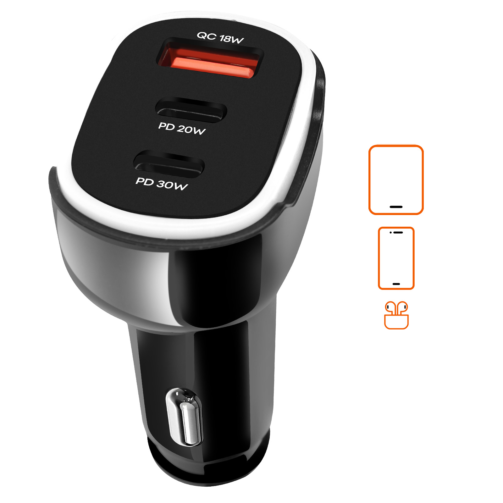 Ein Autoladegerät mit drei USB-Anschlüssen. Schwarz-Silber-Design. Symbole von Geräten sind an der Seite.