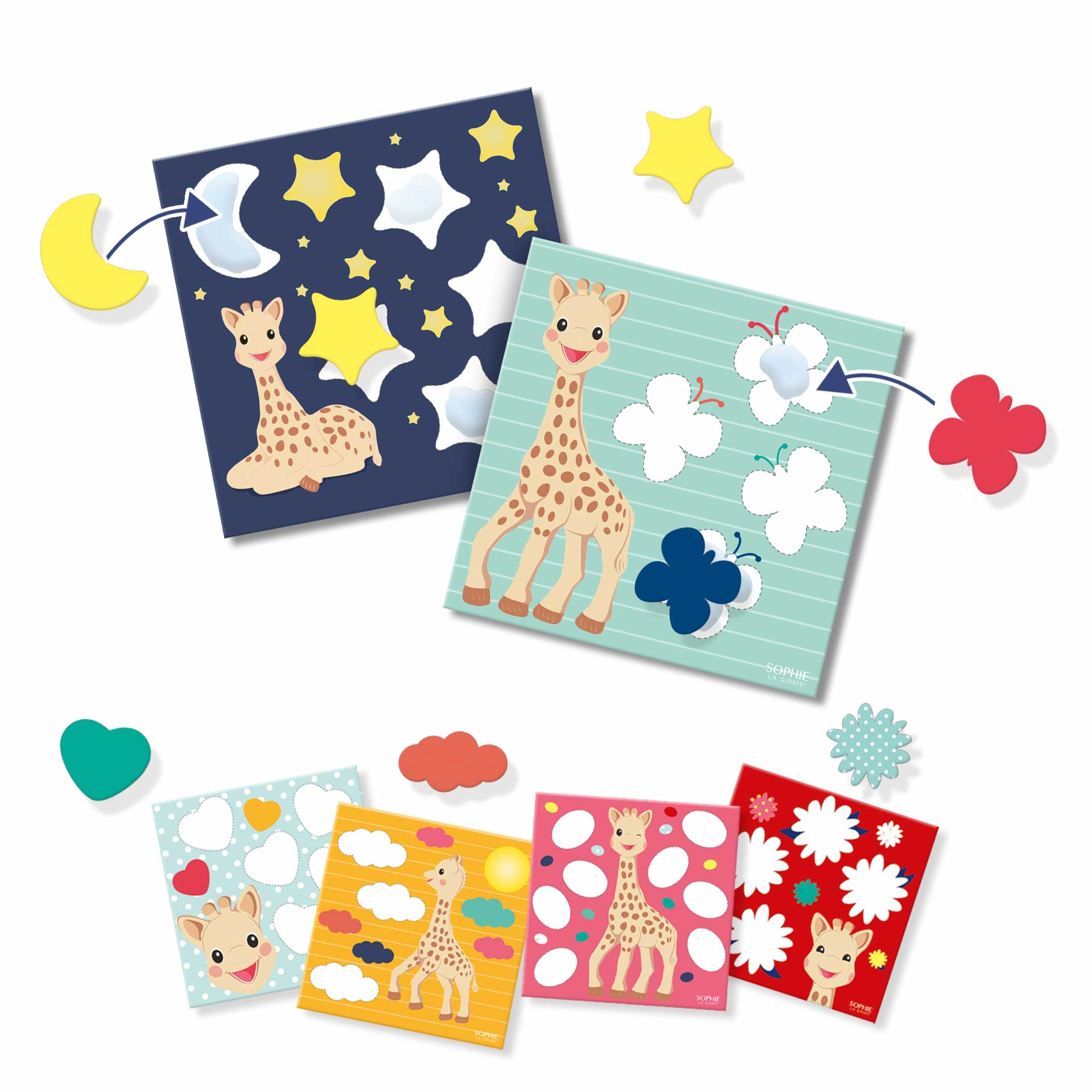 Naklejki Sophie the Giraffe na różnych tłach. Zawiera księżyc, gwiazdy, kwiaty, motyla i serce.