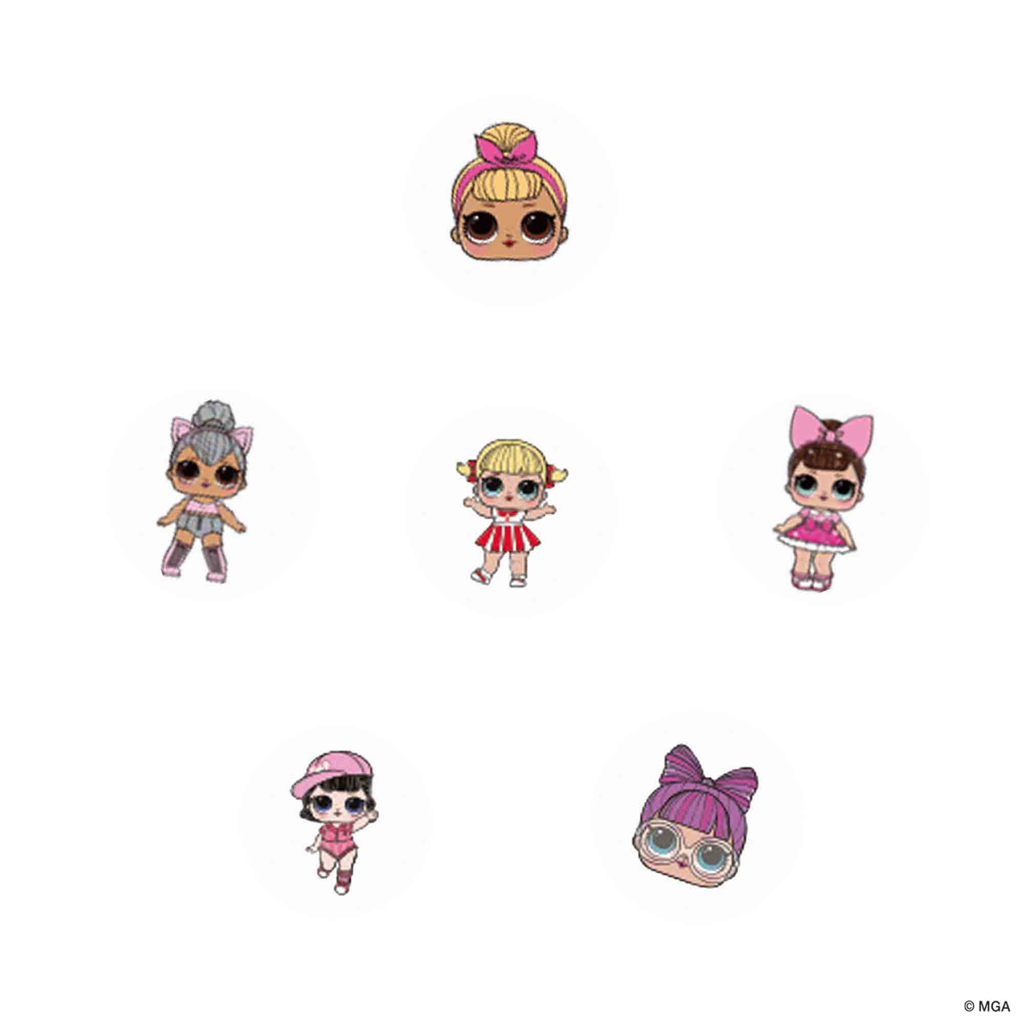 LOL-Puppen in einem Kreis angeordnet. Jede Puppe hat ein anderes Design mit verschiedenen Frisuren und Outfits.
