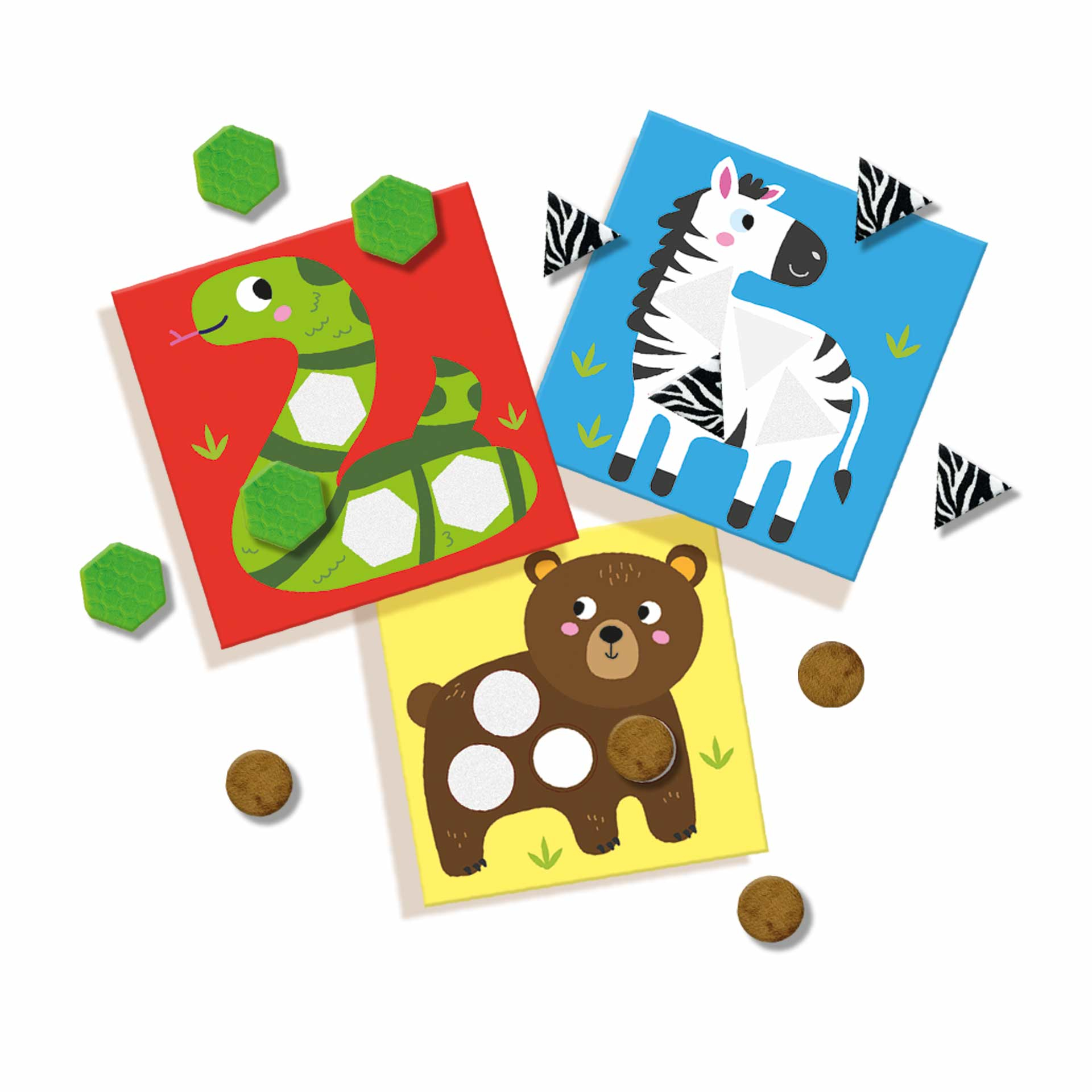 Bunte Karten mit Tieren. Eine Schlange auf Rot, ein Zebra auf Blau und ein Bär auf Gelb, jeweils mit passenden Formen.